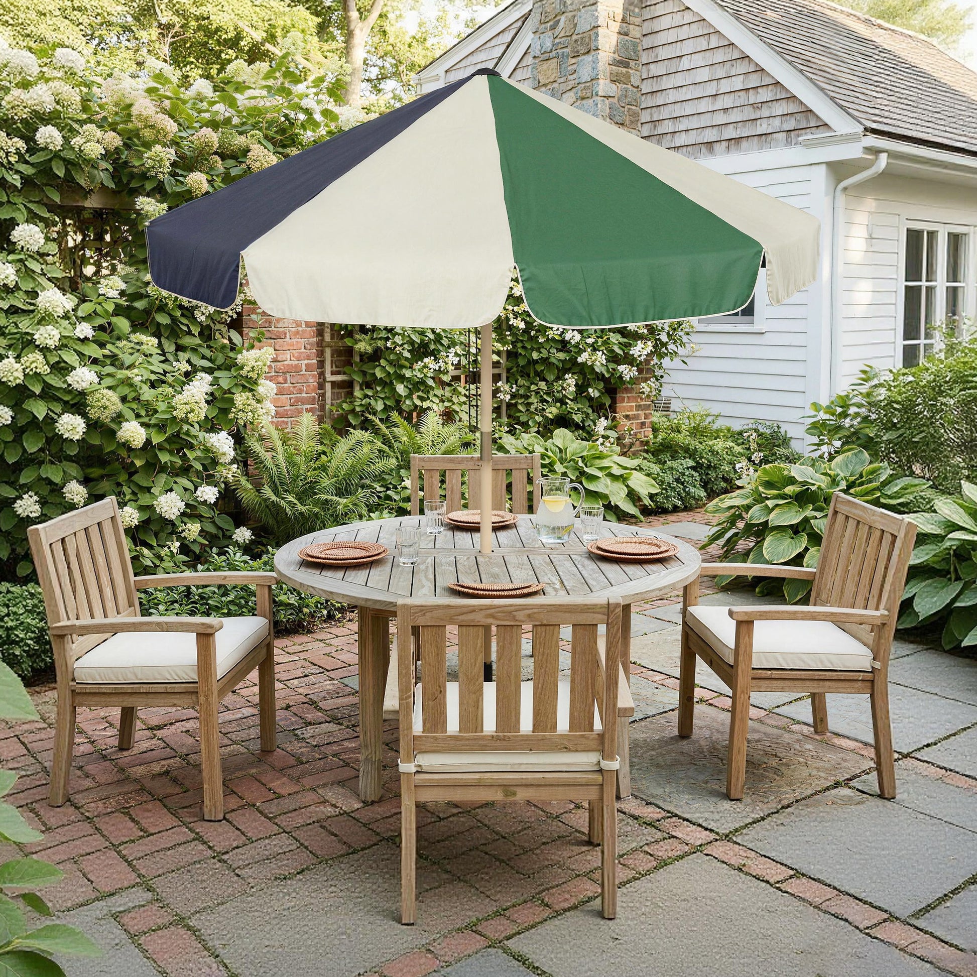 Outsunny Sombrilla Terraza Exterior, Ø2,3 m, Sombrilla de Jardín con Marco de Efecto Madera, Polea con Cuerda, Dosel Bicolor, UPF30+, Parasol para Playa, Patio, Terraza, Verde Oscuro