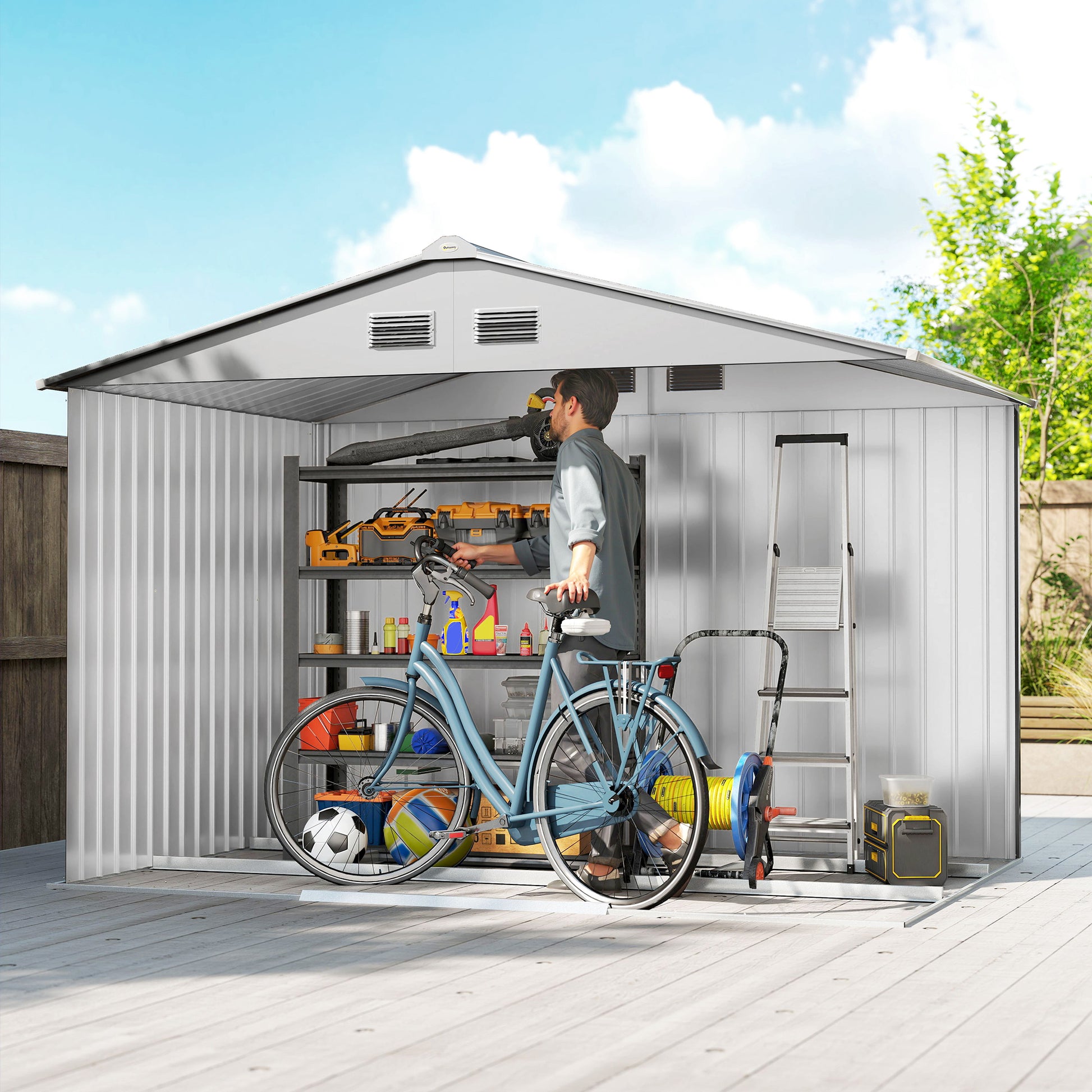 Outsunny Caseta de Jardín Exterior 4,9 m², 277x195x192 cm, Cobertizo de Jardín Exterior Metálico con Puerta Corredera, Ventilación y Kit de Fundación, para Almacenamiento de Herramientas, Gris