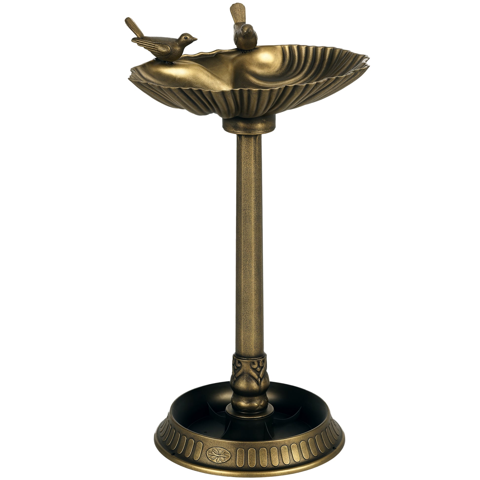 Outsunny Baño para Pájaros de Jardín al Aire Libre, Altura 81 cm, Comedero para Pájaros con Base de Pedestal, Diseño de Concha y Acabado Envejecido, Ligero y Resistente, Bebedero para Aves, Bronce