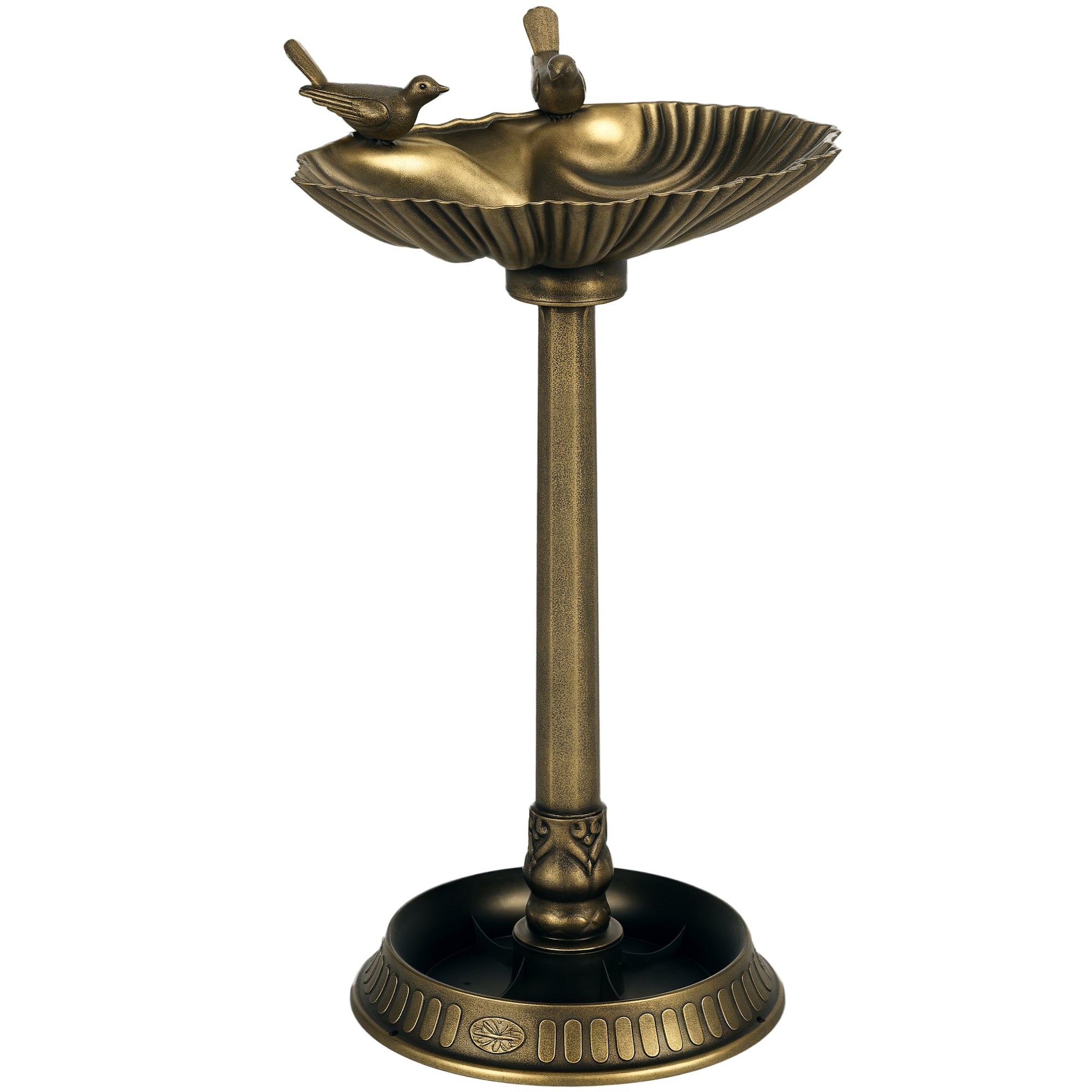 Outsunny Baño para Pájaros de Jardín al Aire Libre, Altura 81 cm, Comedero para Pájaros con Base de Pedestal, Diseño de Concha y Acabado Envejecido, Ligero y Resistente, Bebedero para Aves, Bronce