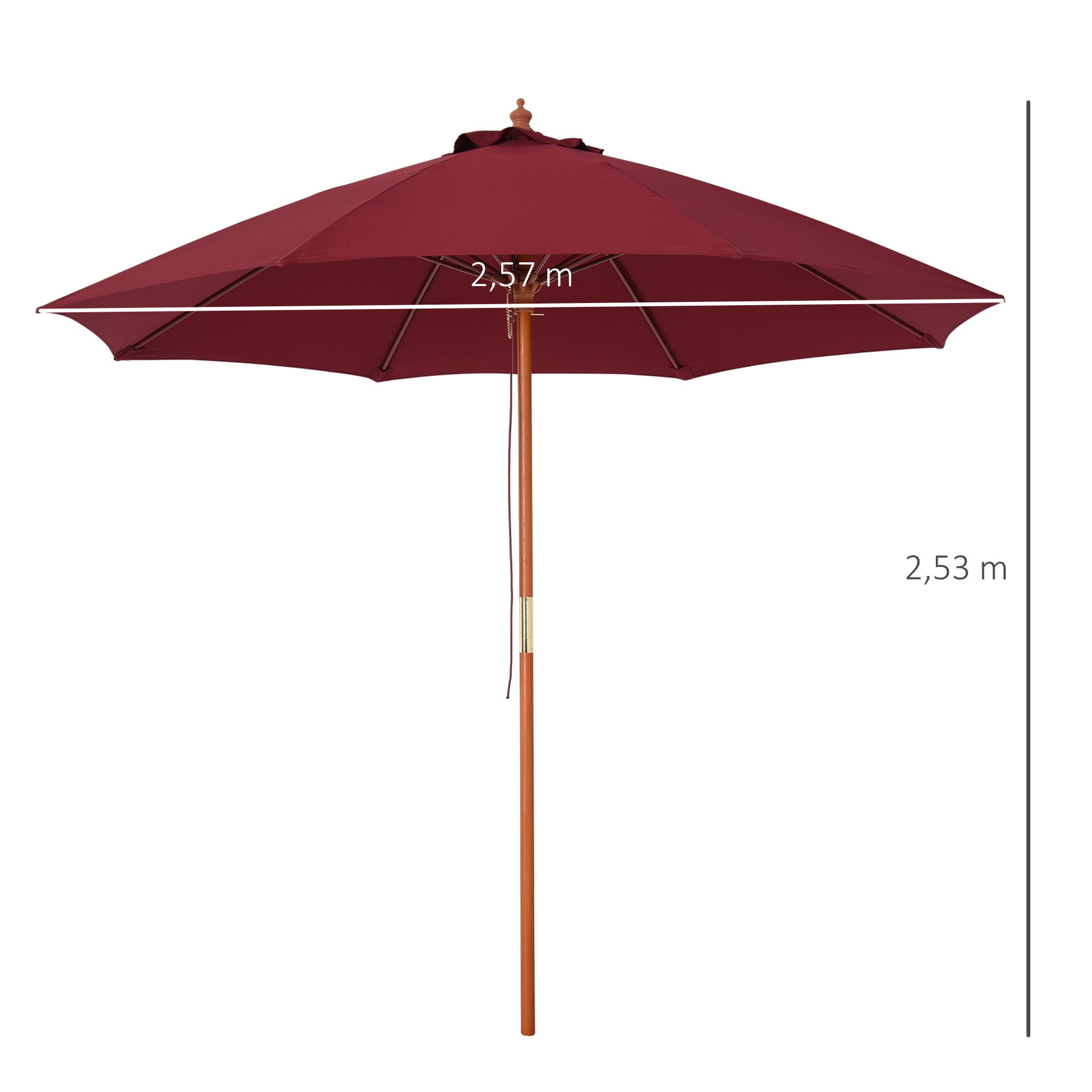 Outsunny Sombrilla Parasol con Poste Desmontable de Madera Ángulo Ajustable Ventilación Sistema de Polea para Exterior Jardín Patio Piscina Terraza Ø257x253 cm Rojo Vino
