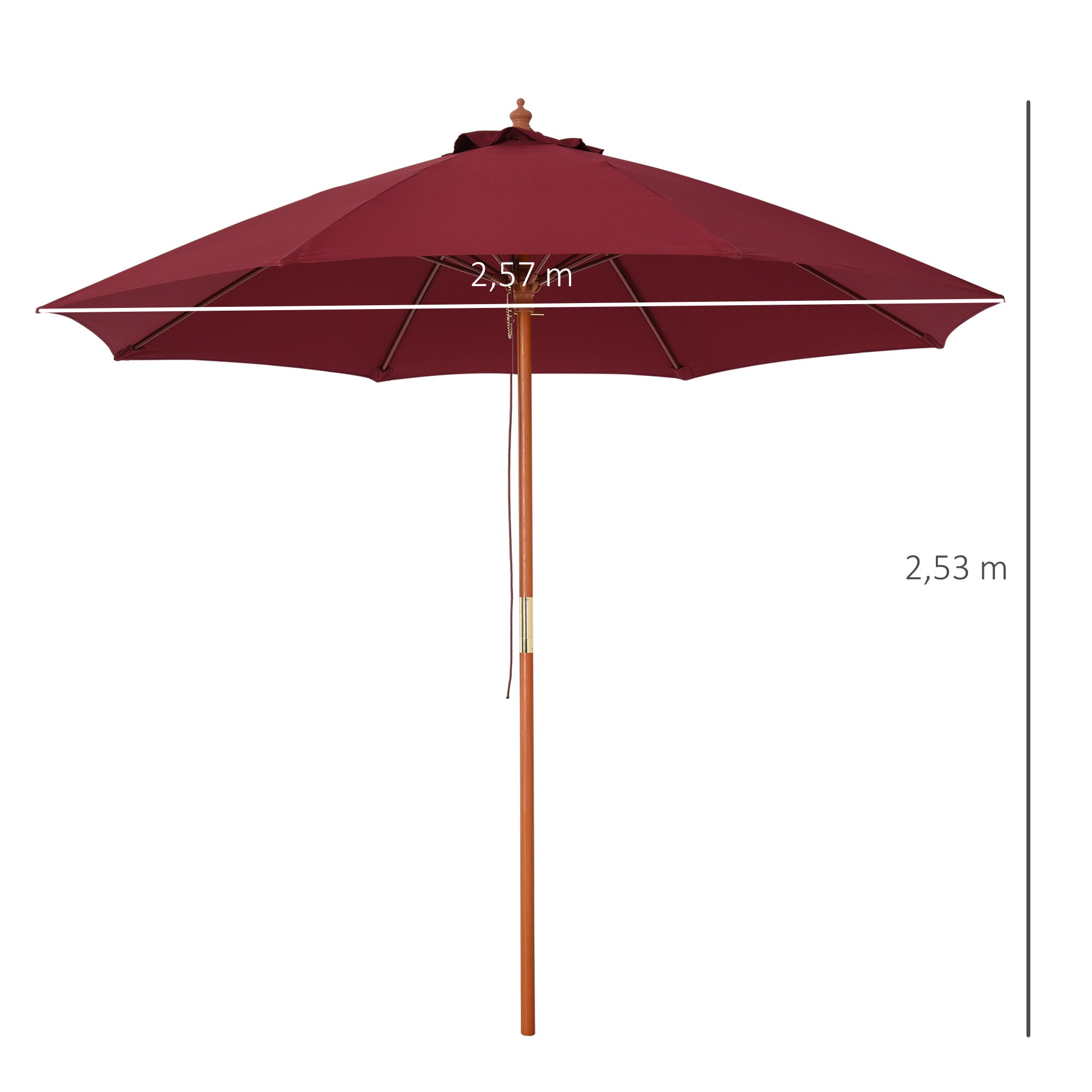 Outsunny Sombrilla Parasol con Poste Desmontable de Madera Ángulo Ajustable Ventilación Sistema de Polea para Exterior Jardín Patio Piscina Terraza Ø257x253 cm Rojo Vino