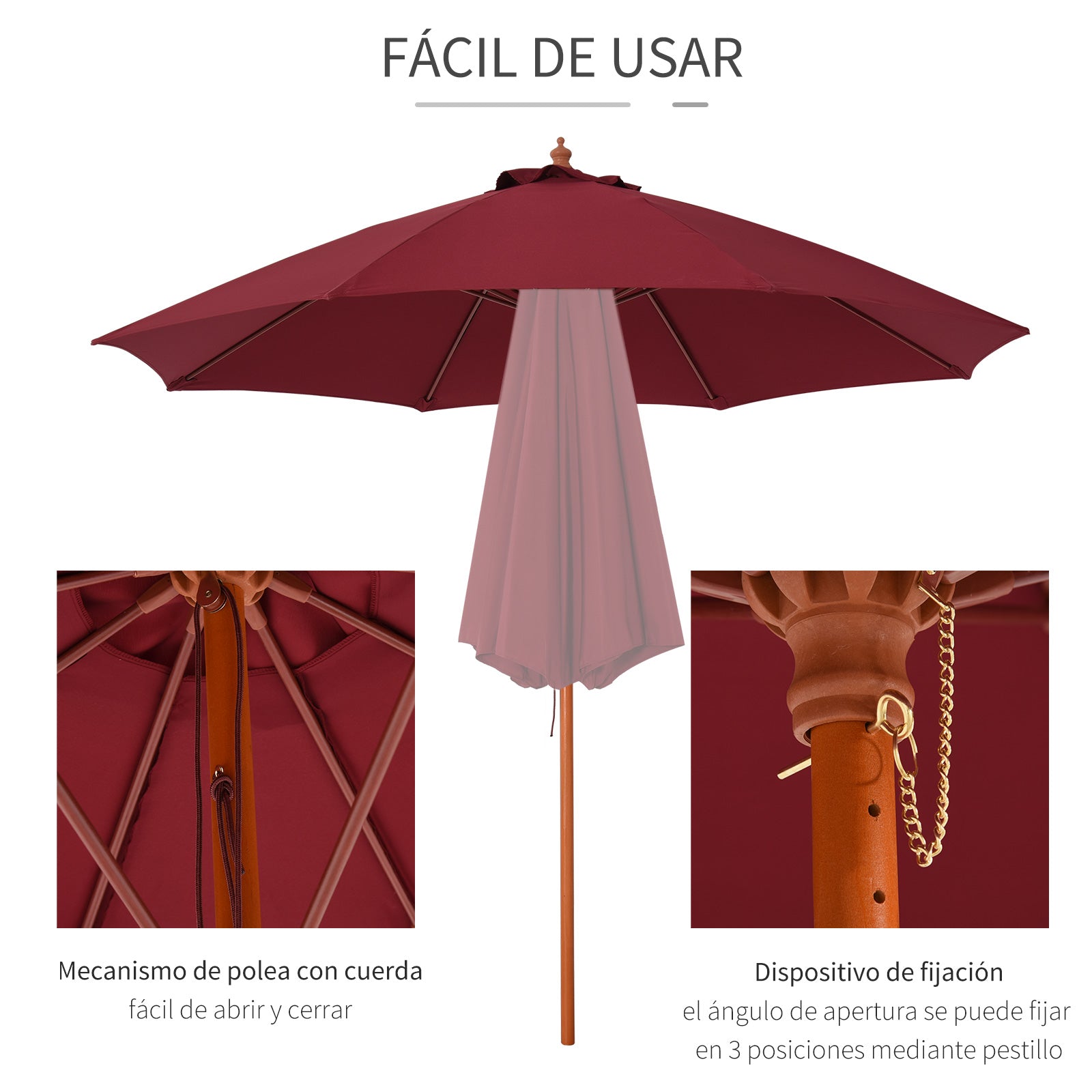 Outsunny Sombrilla Parasol con Poste Desmontable de Madera Ángulo Ajustable Ventilación Sistema de Polea para Exterior Jardín Patio Piscina Terraza Ø257x253 cm Rojo Vino