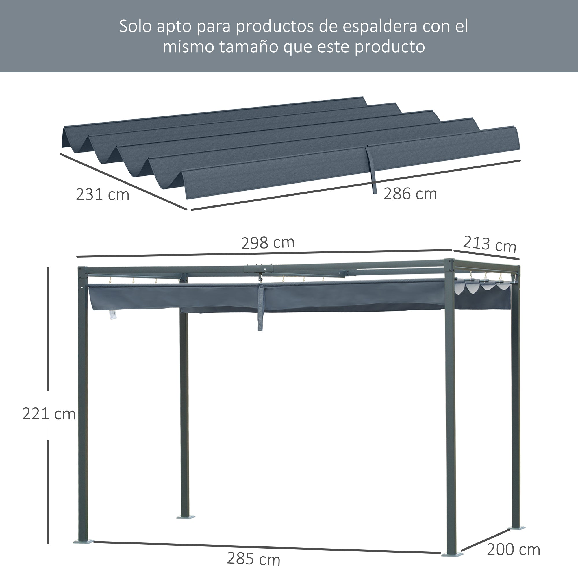 Outsunny Techo de Pérgola 3x2,5 m Techo de Repuesto Retráctil para Sombrilla Toldo de Tela para Cenador Jardín con 8 Orificios de Drenaje Gris Oscuro