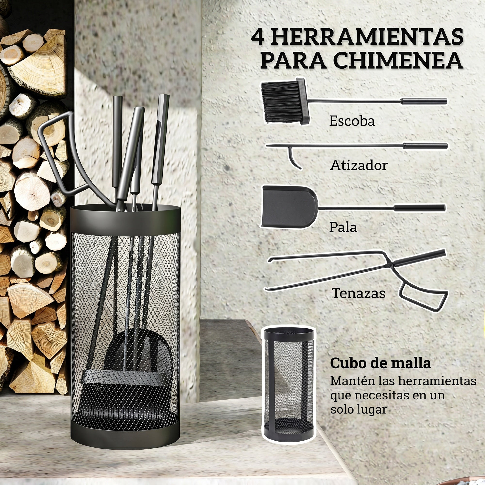 Outsunny Juego Utensilios Chimenea de 5 Piezas, Juego de Accesorios para Chimenea de Metal con Escoba, Pala, Tenazas, Atizador y Soporte, Ø16x33,5 cm, Negro