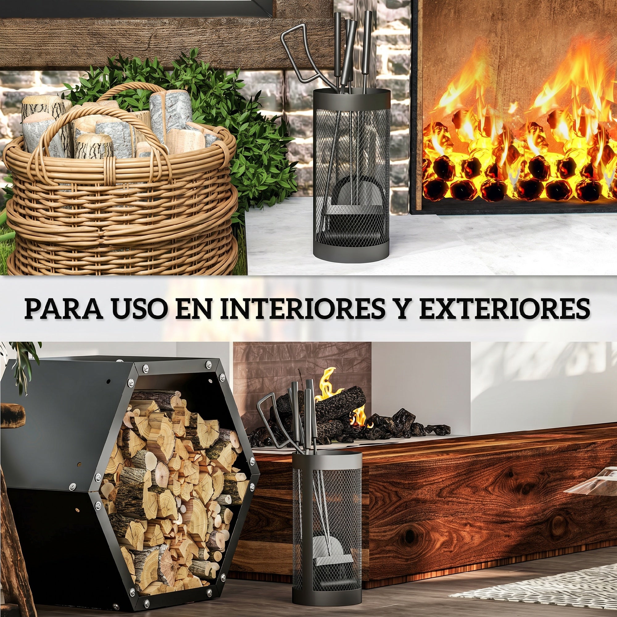 Outsunny Juego Utensilios Chimenea de 5 Piezas, Juego de Accesorios para Chimenea de Metal con Escoba, Pala, Tenazas, Atizador y Soporte, Ø16x33,5 cm, Negro