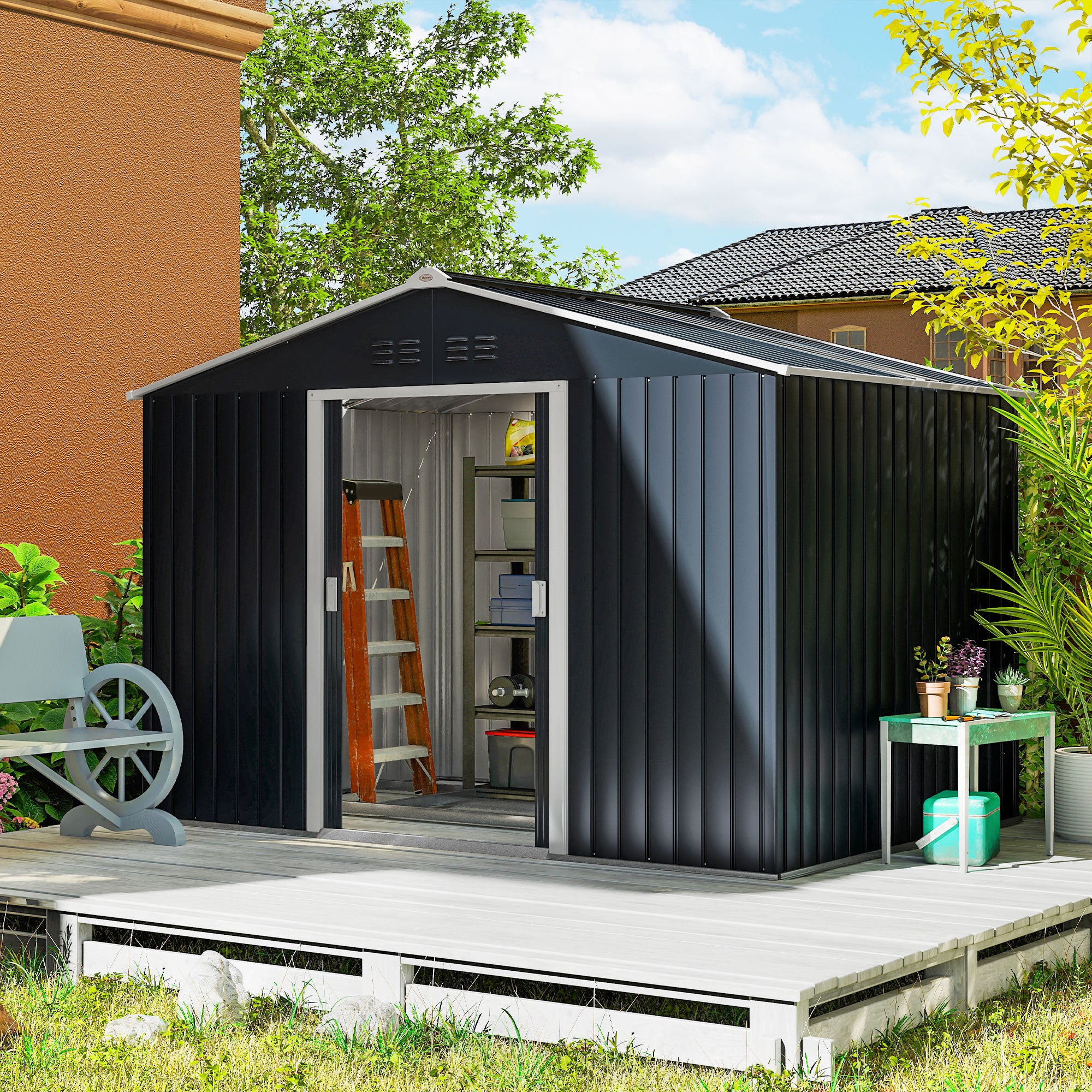 Outsunny Caseta de Jardín Exterior, 4,9 m², 277x195x192 cm, Cobertizo de Jardín Exterior Metálico con Claraboya de Fibra de Vidrio, Puerta Corredera, Ventilación y Kit de Fundación, Gris Oscuro