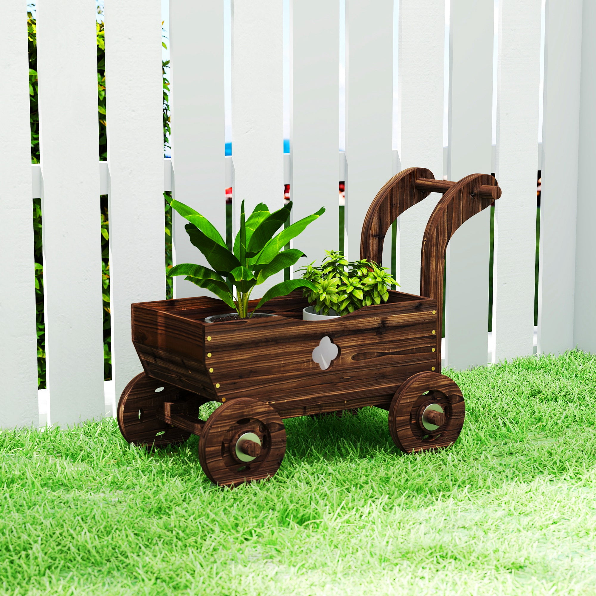 Outsunny Carretilla de Madera Decorativa, Jardinera Elevada con 4 Ruedas, Asa, Orificios de Drenaje, Macetero Exterior para Cultivos de Plantas, Flores en Terraza, Jardín, 68x38x52 cm, Carbonizado