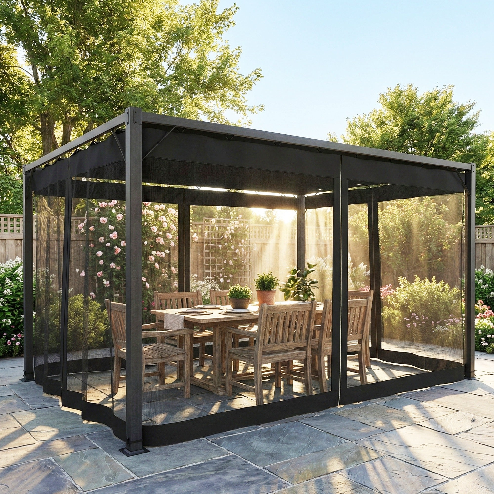 Outsunny Pérgola de Jardín 3x4 m con Techo Retráctil y 4 Paredes Laterales de Malla, Cenador de Jardín con Estructura de Aluminio, UPF30+, Pabellón para Exterior, Patio, Terraza, Gris Oscuro