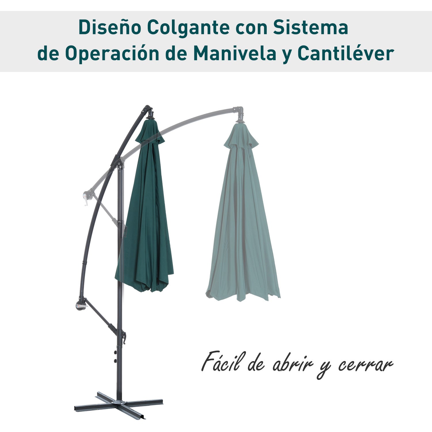 Outsunny Sombrilla de Jardín Ø300x250 cm Parasol Excéntrico Reclinable con Manivela Base Cruzada y Soporte de Acero 8 Varillas para Terraza Exterior Balcón Verde Oscuro