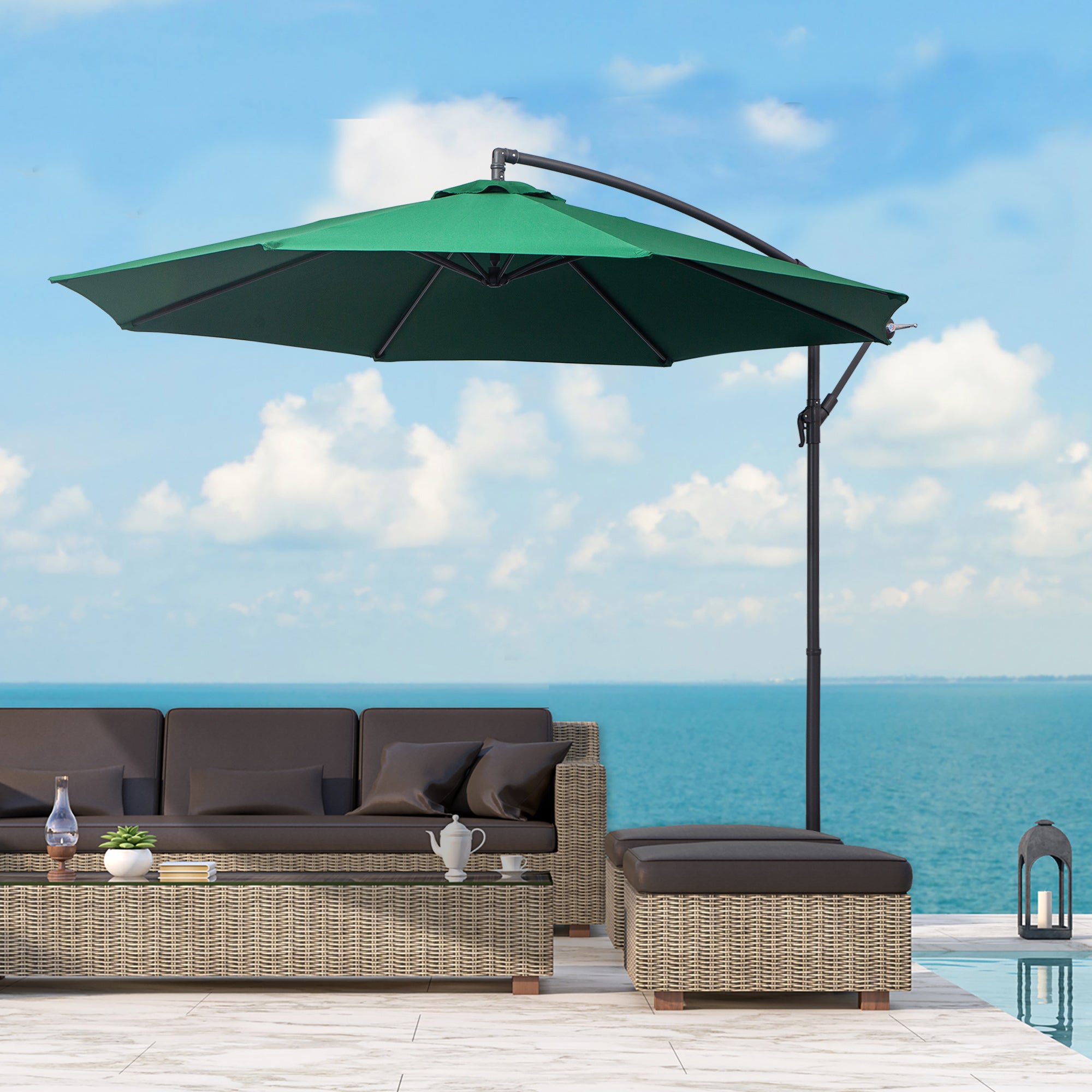 Outsunny Sombrilla de Jardín Ø300x250 cm Parasol Excéntrico Reclinable con Manivela Base Cruzada y Soporte de Acero 8 Varillas para Terraza Exterior Balcón Verde Oscuro