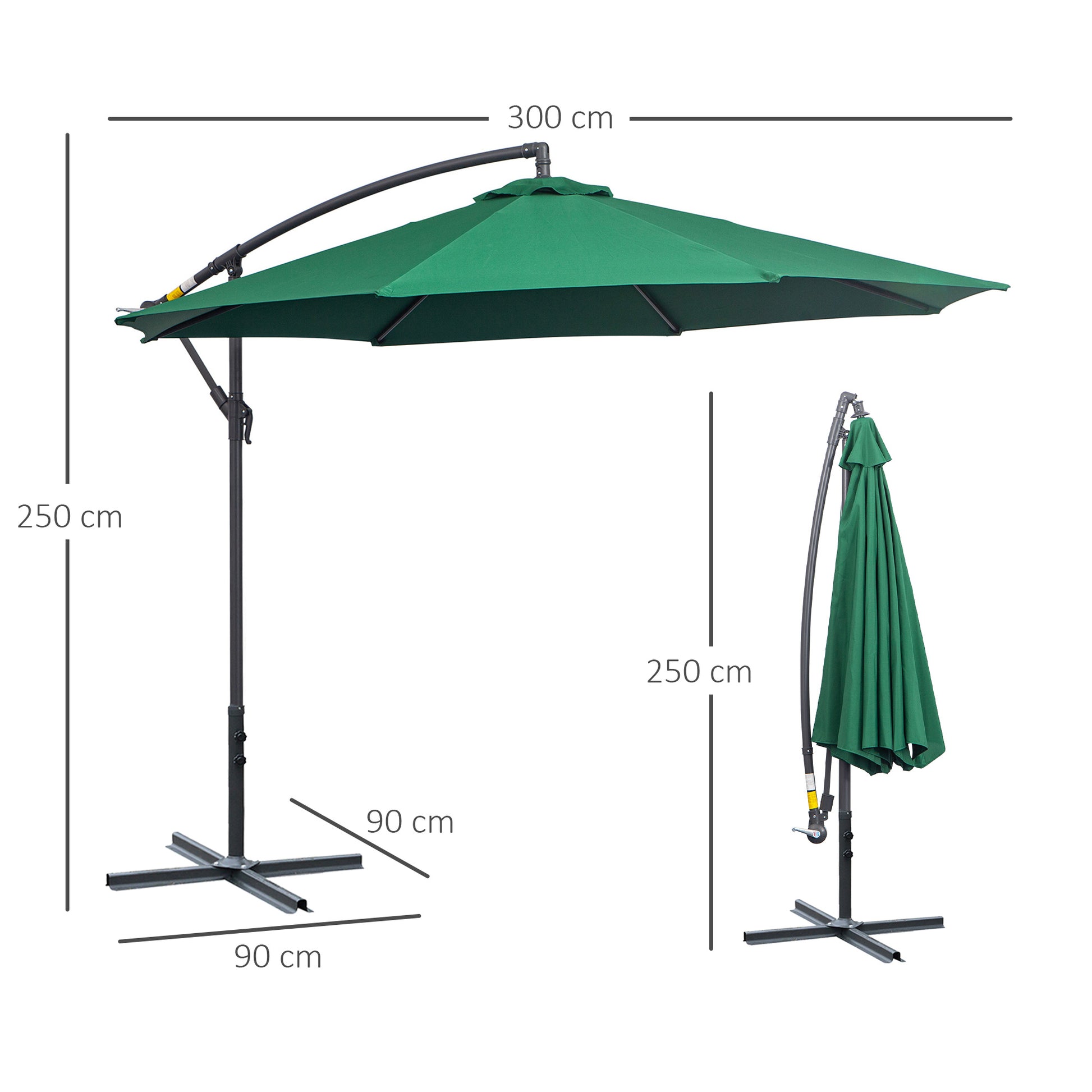 Outsunny Sombrilla de Jardín Ø300x250 cm Parasol Excéntrico Reclinable con Manivela Base Cruzada y Soporte de Acero 8 Varillas para Terraza Exterior Balcón Verde Oscuro