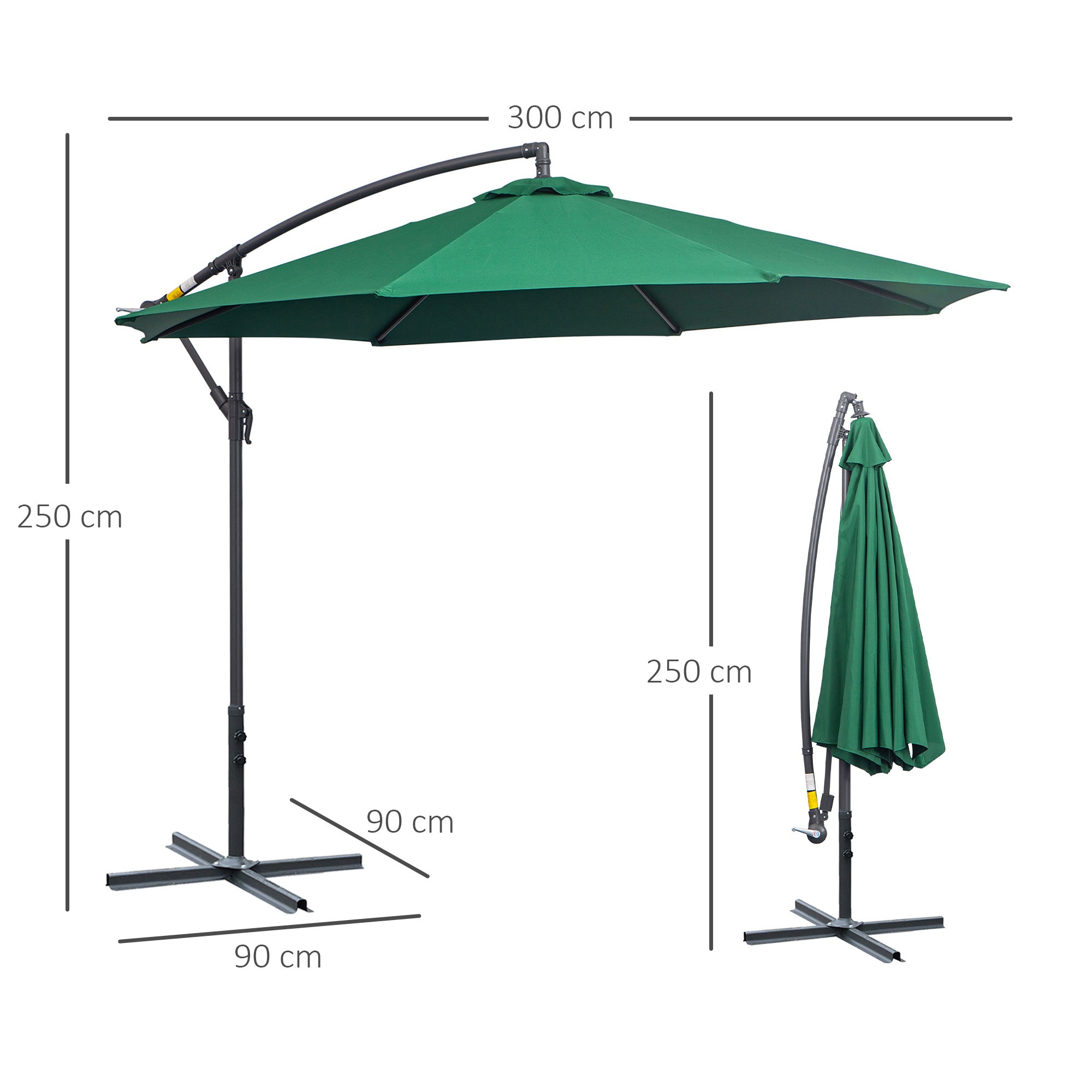 Outsunny Sombrilla de Jardín Ø300x250 cm Parasol Excéntrico Reclinable con Manivela Base Cruzada y Soporte de Acero 8 Varillas para Terraza Exterior Balcón Verde Oscuro