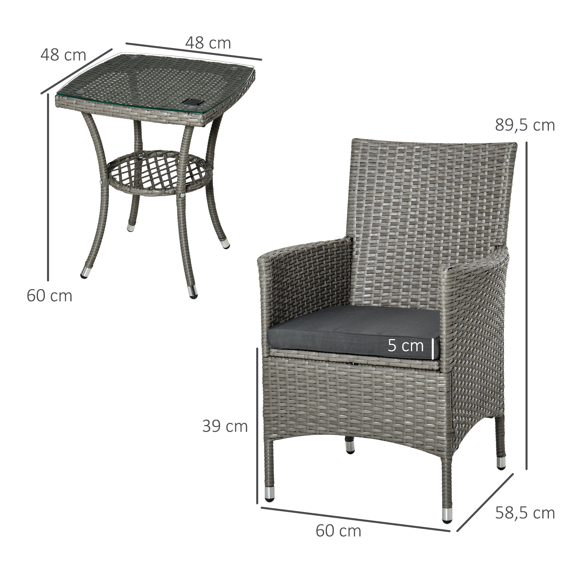 Outsunny Conjunto de Muebles para Jardín Juegos de Muebles de Ratán Incluye 1 Mesa y 2 Sillones con Cojines Estructura de Metal para Terraza Patio Gris