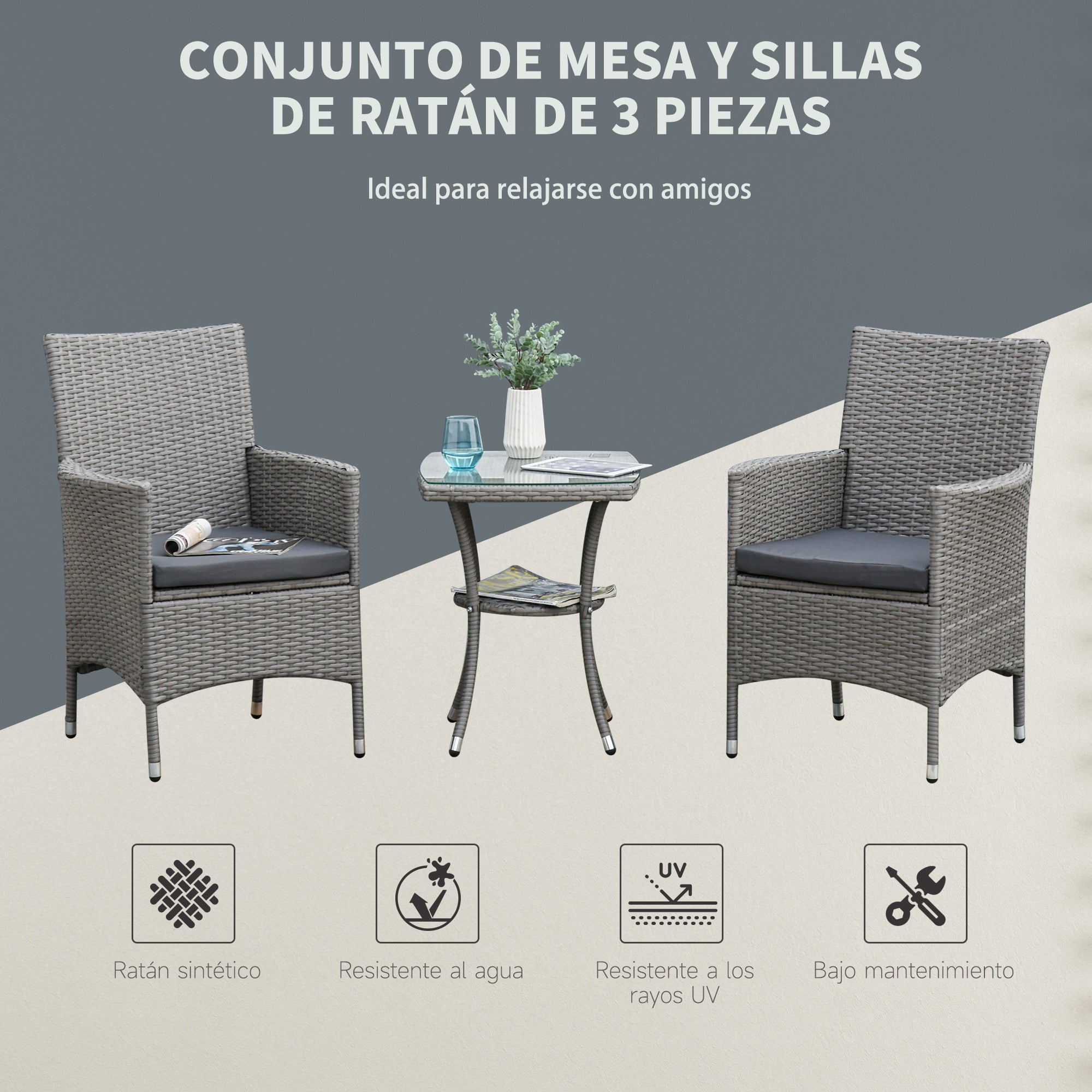Outsunny Conjunto de Muebles para Jardín Juegos de Muebles de Ratán Incluye 1 Mesa y 2 Sillones con Cojines Estructura de Metal para Terraza Patio Gris