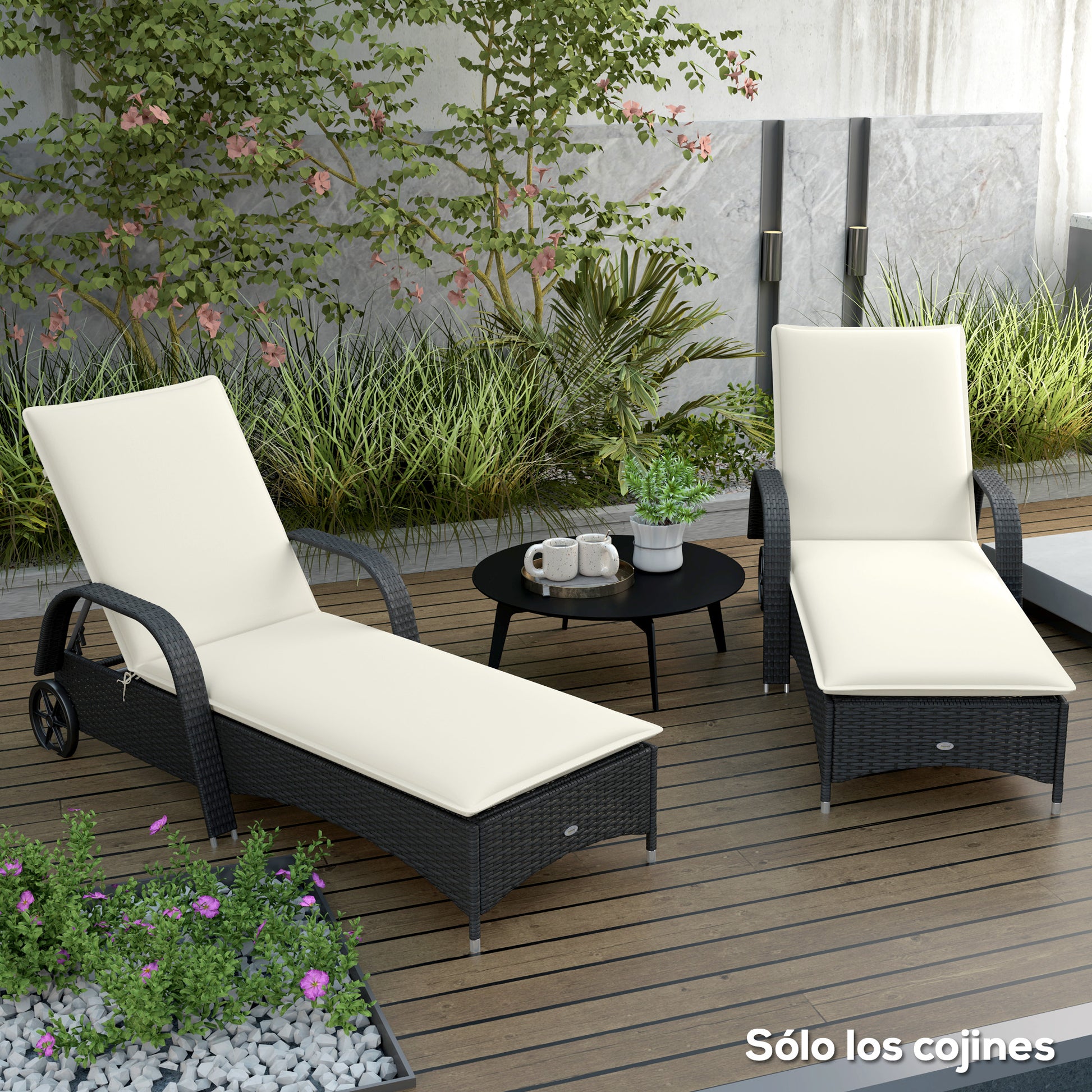 Outsunny Pack 2 Cojines para Tumbonas Plegables Colchonetas para Tumbonas de Jardín Exterior 193x58x6 cm con Correas de Sujeción Protección UV Resistente a Salpicaduras Crema