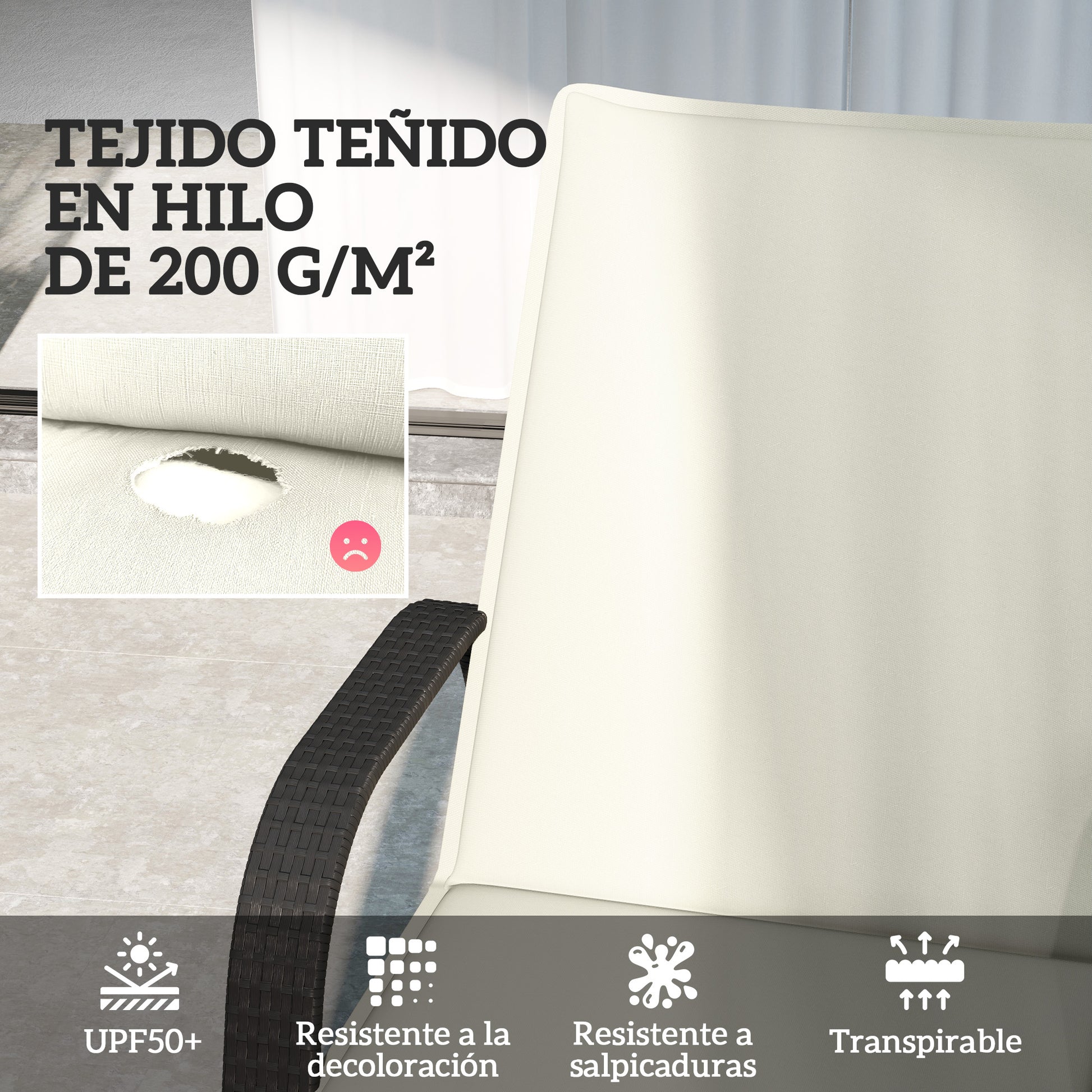 Outsunny Pack 2 Cojines para Tumbonas Plegables Colchonetas para Tumbonas de Jardín Exterior 193x58x6 cm con Correas de Sujeción Protección UV Resistente a Salpicaduras Crema