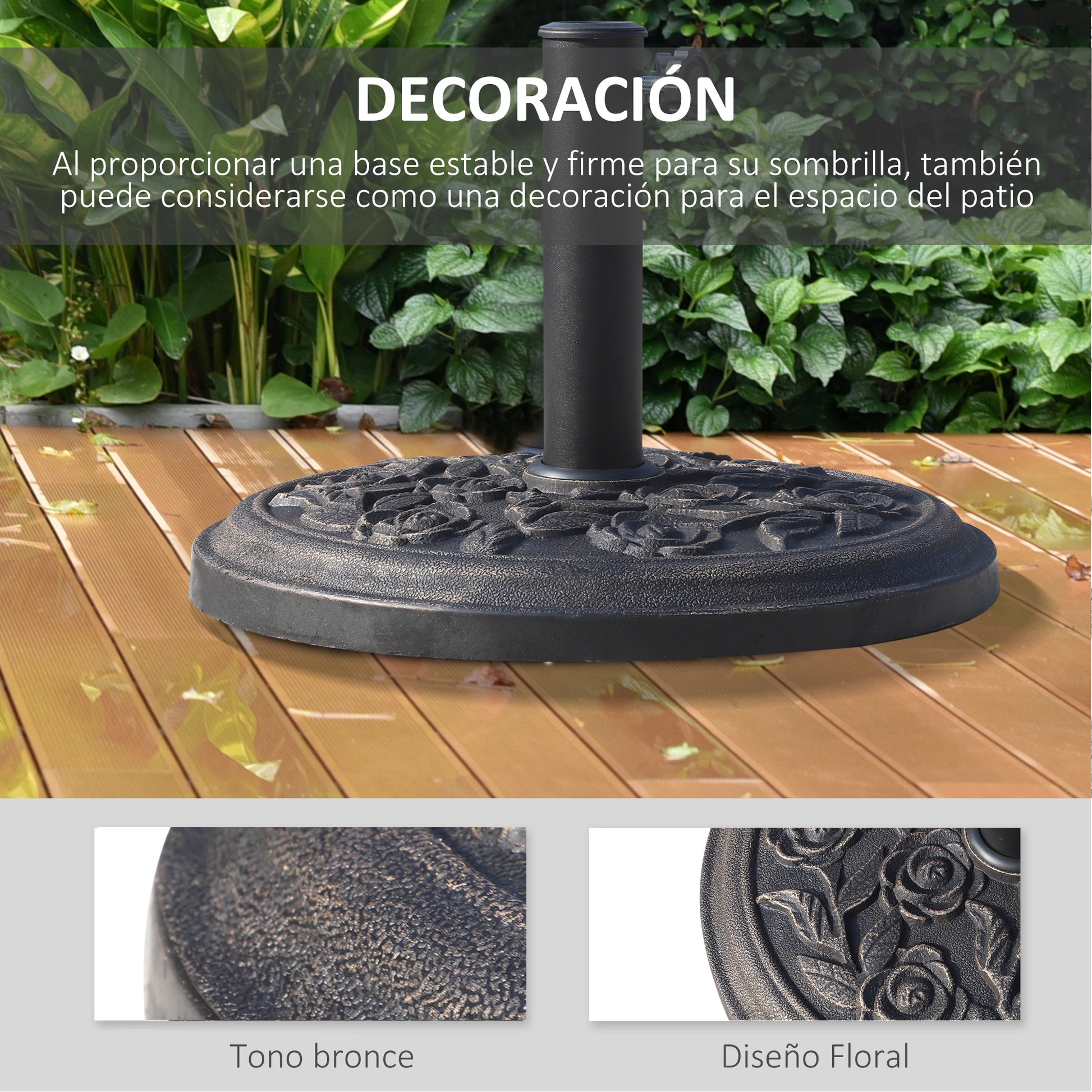 Outsunny Base para Sombrilla de Jardín de 9 kg Soporte de Parasol Redondo de Resina para Postes de 38mm/48mm Ø45,5x31 cm Bronce