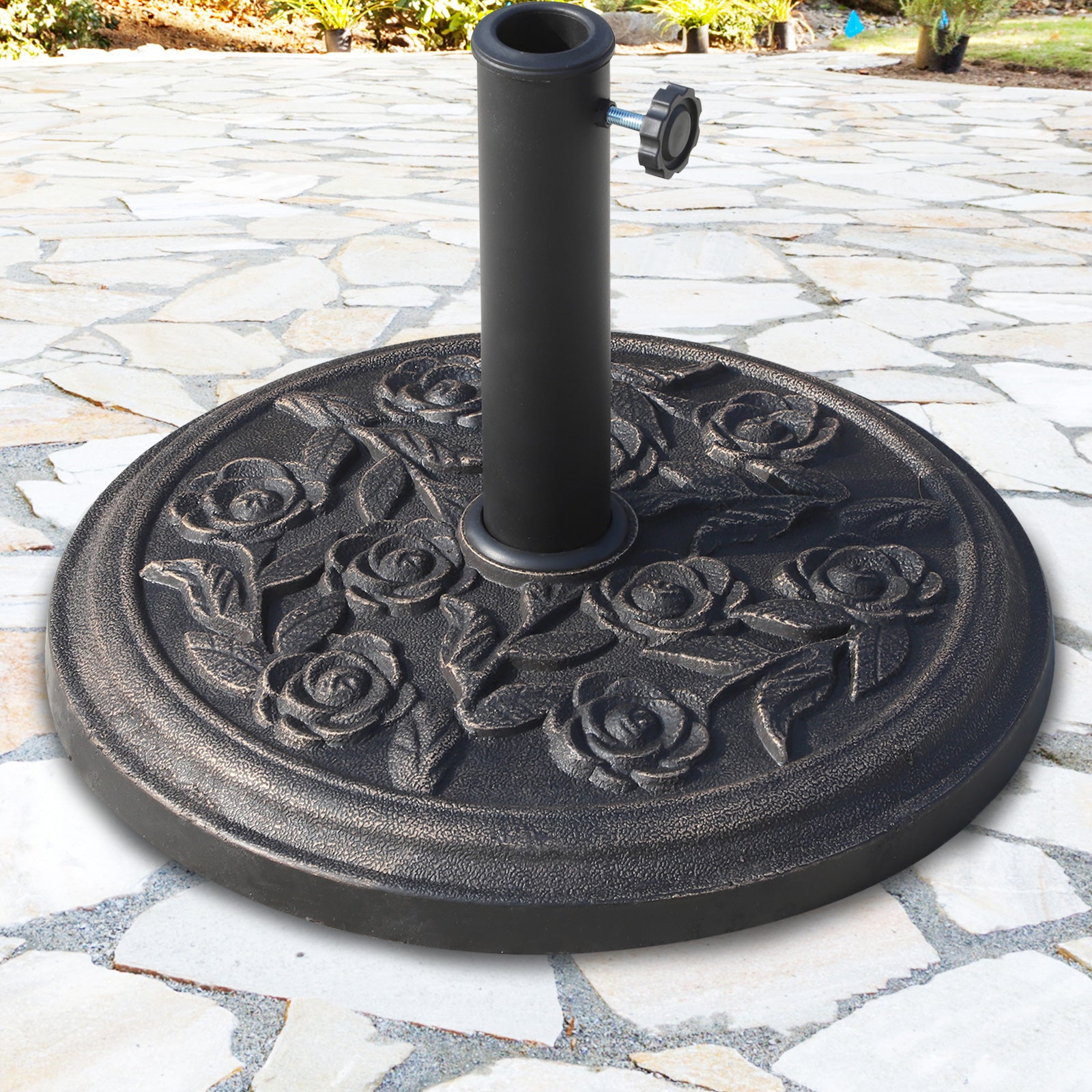 Outsunny Base para Sombrilla de Jardín de 9 kg Soporte de Parasol Redondo de Resina para Postes de 38mm/48mm Ø45,5x31 cm Bronce