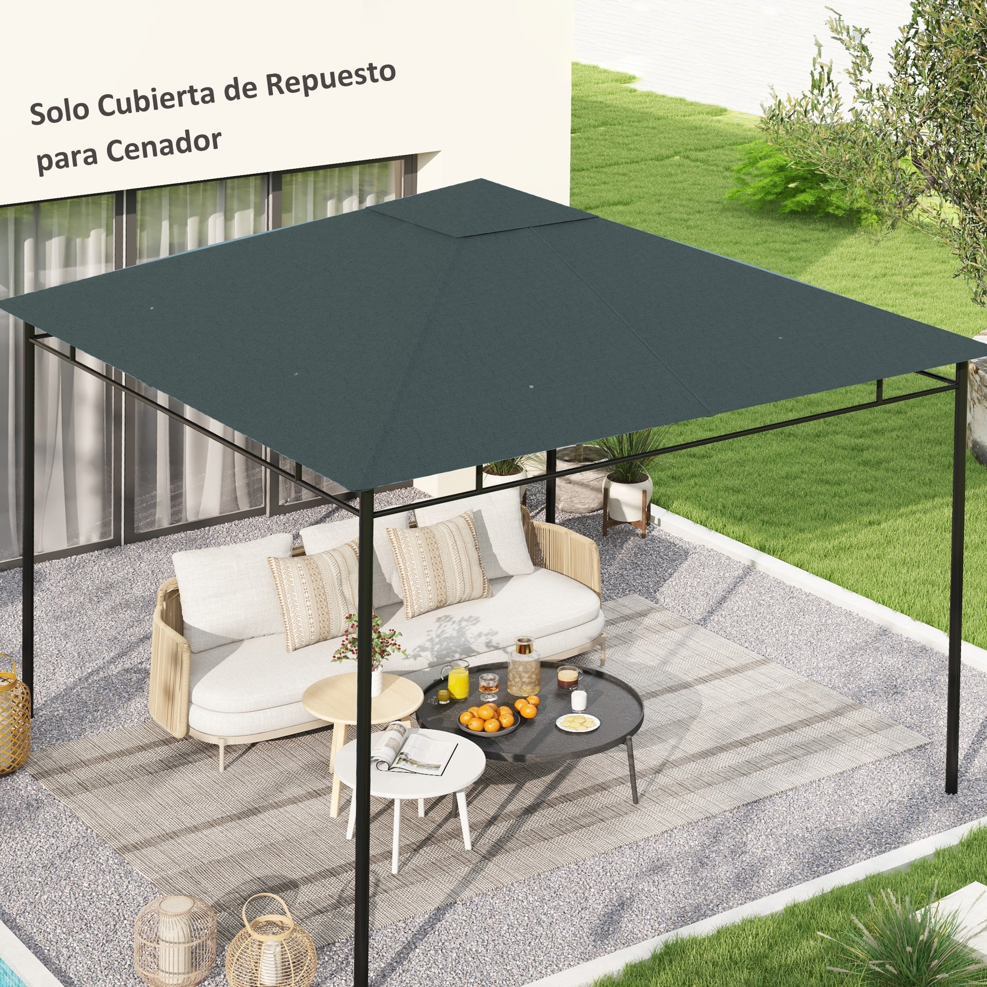 Outsunny Techo de Repuesto 300x300 cm para Cenador de Jardín Cubierta de Repuesto de Gazebo Pabellón Exterior con 8 Orificios de Drenaje y Ventilación Gris