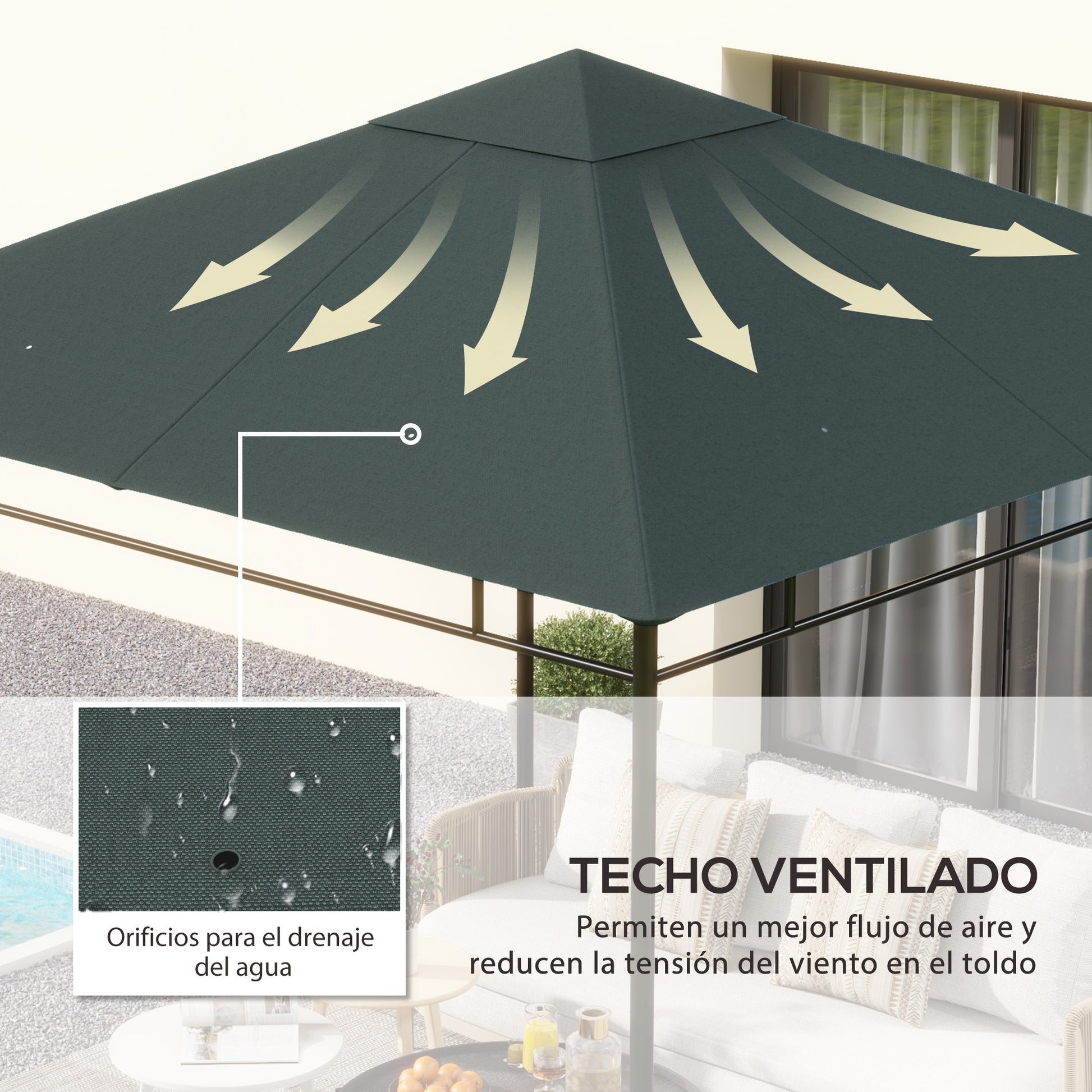Outsunny Techo de Repuesto 300x300 cm para Cenador de Jardín Cubierta de Repuesto de Gazebo Pabellón Exterior con 8 Orificios de Drenaje y Ventilación Gris