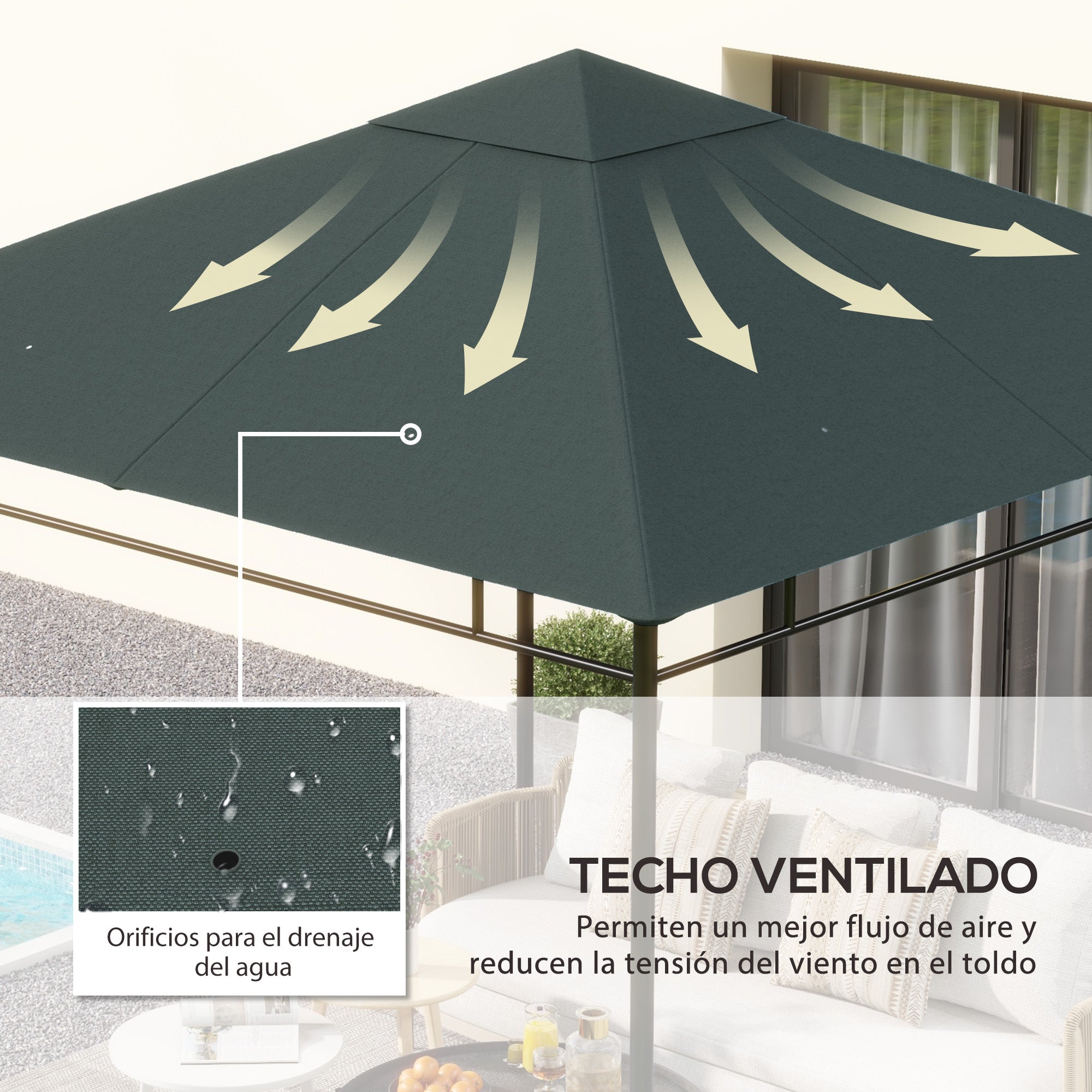 Outsunny Techo de Repuesto 300x300 cm para Cenador de Jardín Cubierta de Repuesto de Gazebo Pabellón Exterior con 8 Orificios de Drenaje y Ventilación Gris