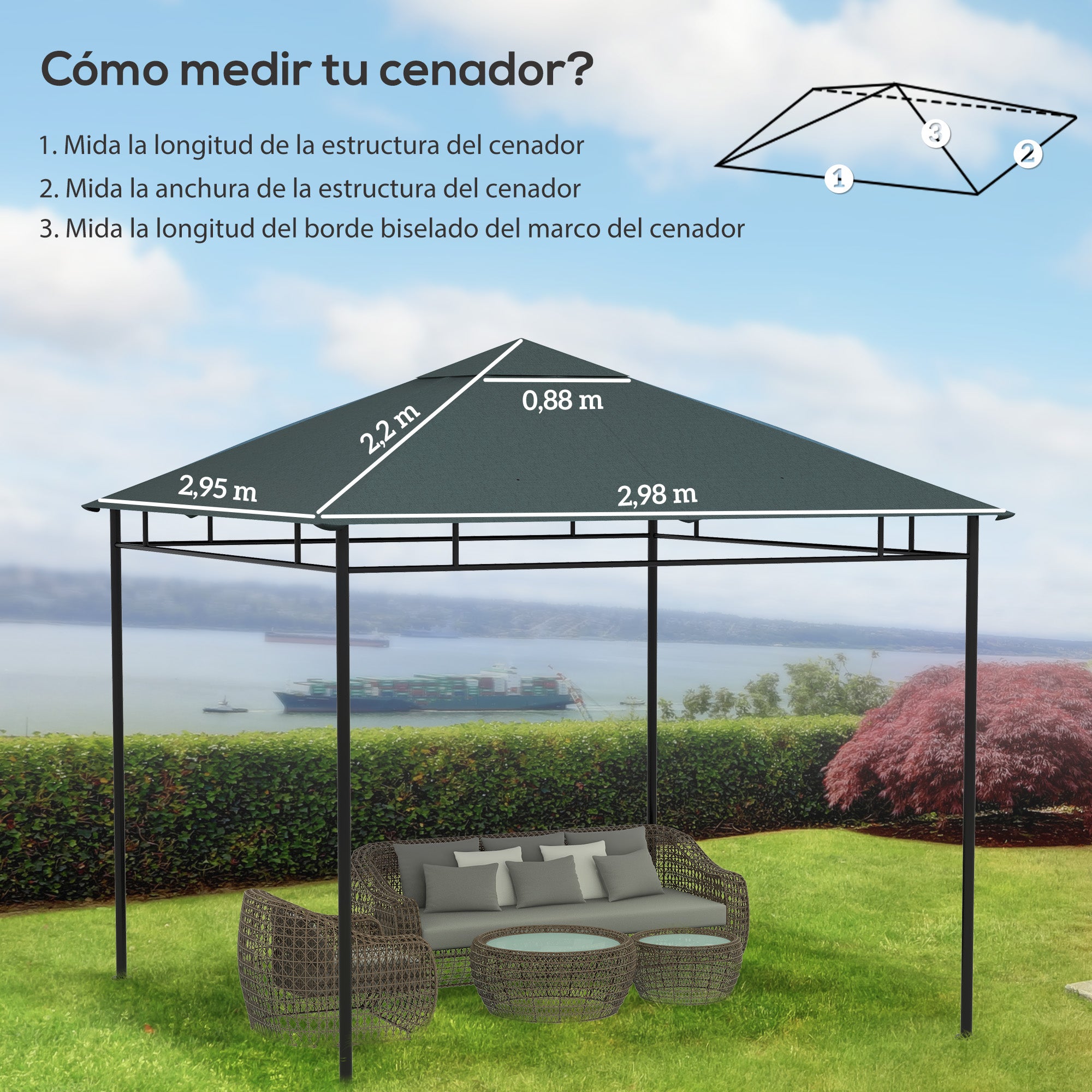 Outsunny Techo de Repuesto 300x300 cm para Cenador de Jardín Cubierta de Repuesto de Gazebo Pabellón Exterior con 8 Orificios de Drenaje y Ventilación Gris