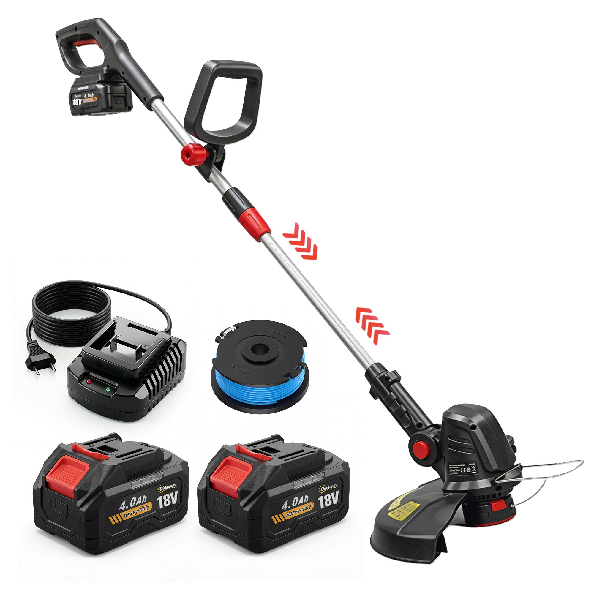 Outsunny Desbrozadora Batería 18V Cortabordes Eléctrico 2 en 1 con 2 Baterías de 4.0Ah y Cargador Motor sin Escobillas Barra Ajustable Cabezal y Mango Regulables Ancho Corte 25 cm Protector Frontal