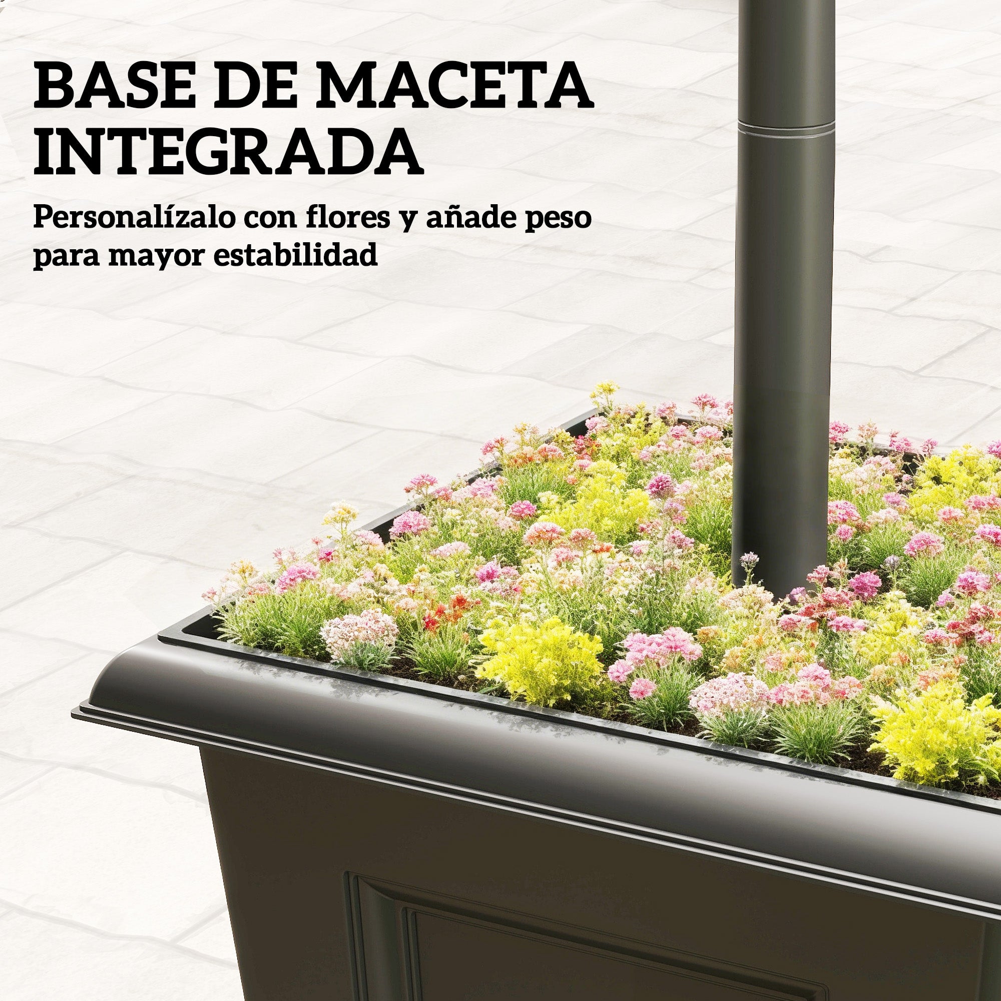 Outsunny Farola Solar Exterior de Jardín con Macetero 3 Cabezales Impermeable IP44 Encendido/Apagado Automático y Altura Ajustable Luz Solar de Exterior LED para Terraza Patio 52x52x185 cm Negro