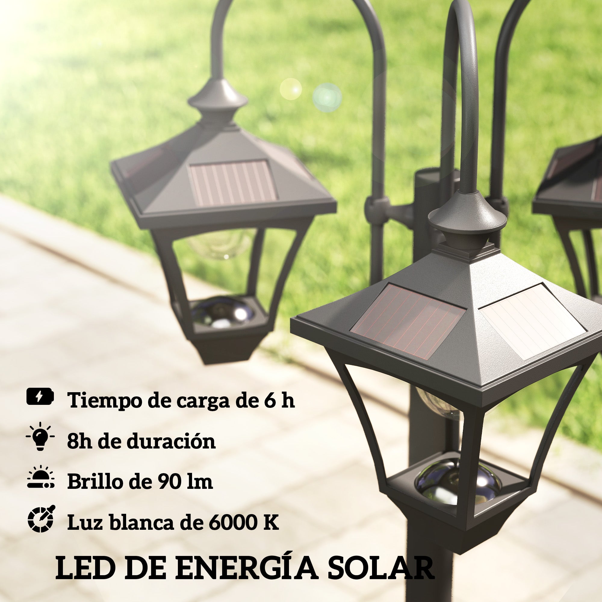 Outsunny Farola Solar Exterior de Jardín con Macetero 3 Cabezales Impermeable IP44 Encendido/Apagado Automático y Altura Ajustable Luz Solar de Exterior LED para Terraza Patio 52x52x185 cm Negro