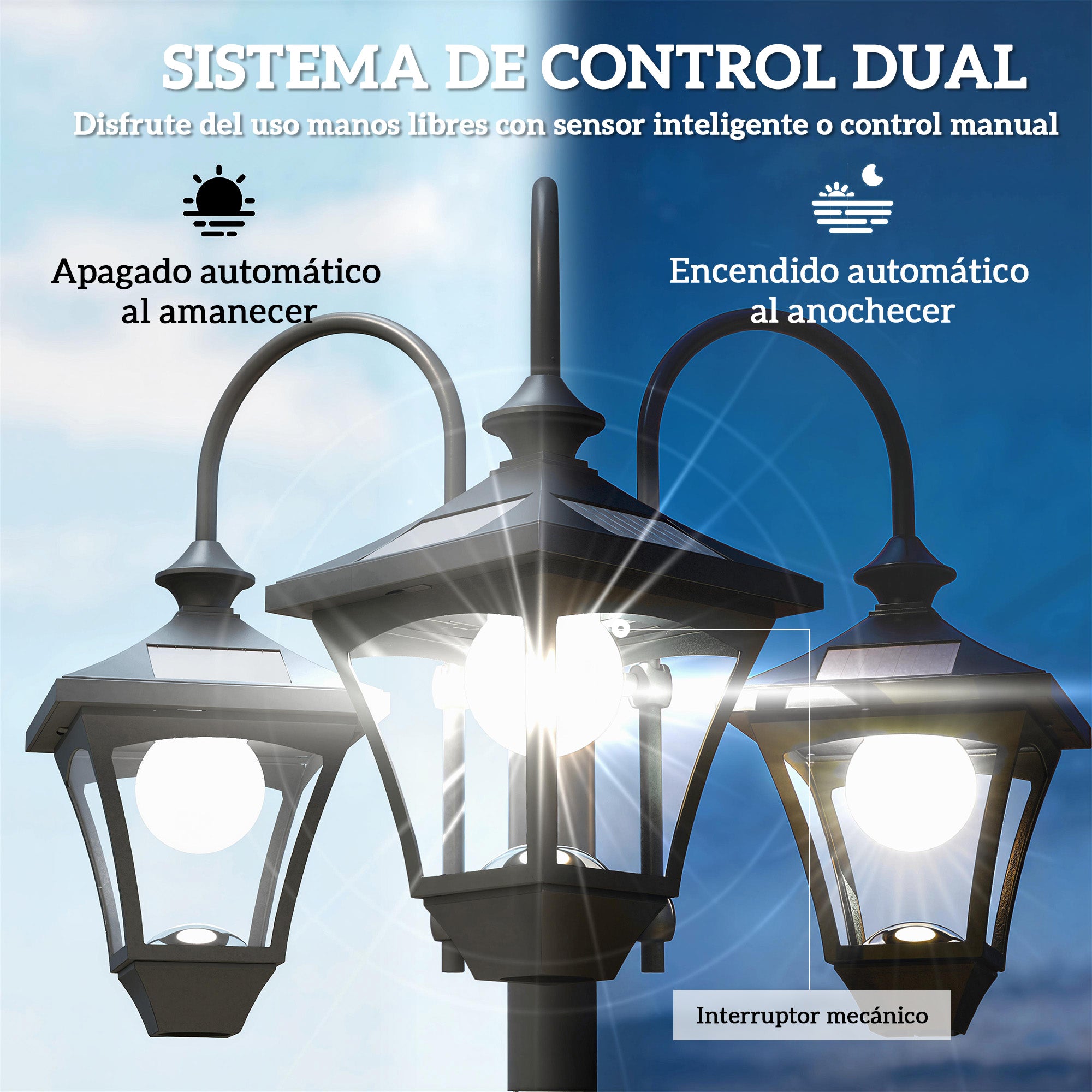 Outsunny Farola Solar Exterior de Jardín con Macetero 3 Cabezales Impermeable IP44 Encendido/Apagado Automático y Altura Ajustable Luz Solar de Exterior LED para Terraza Patio 52x52x185 cm Negro