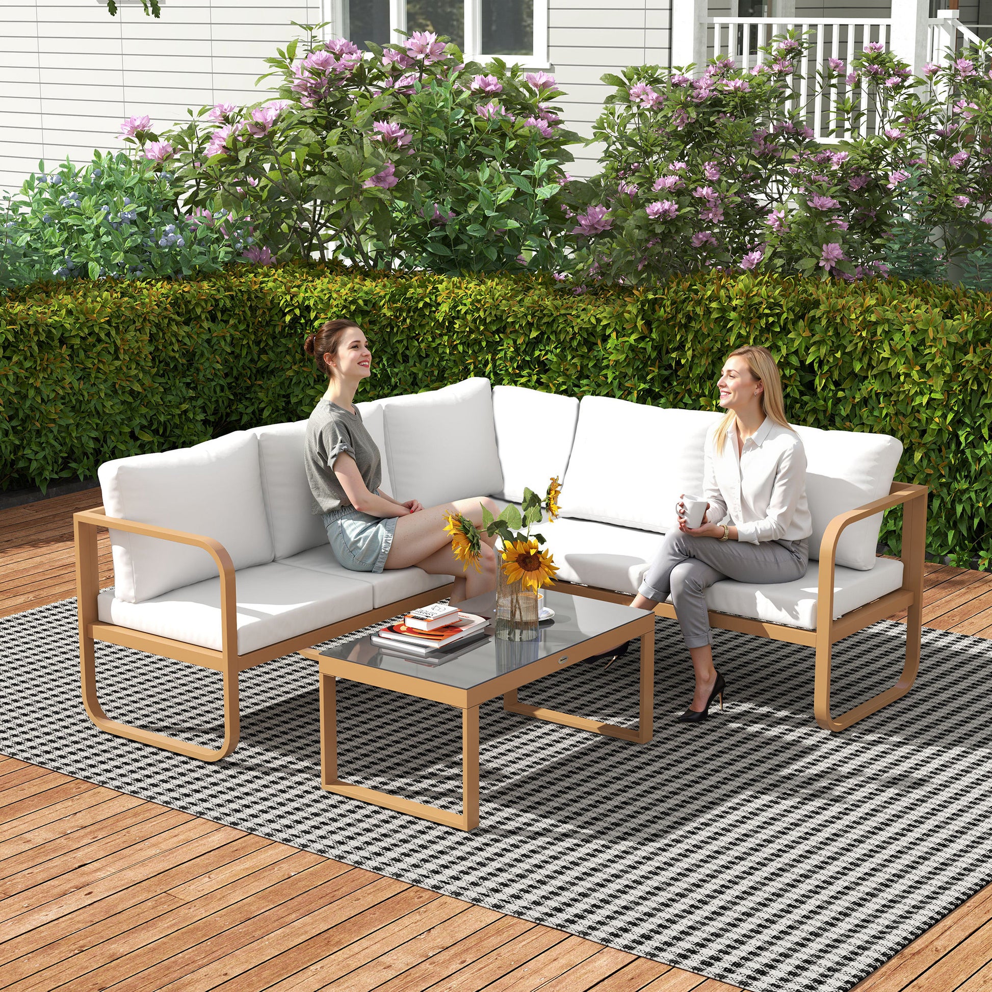 Outsunny Conjunto de Jardín Exterior de 3 Piezas Muebles Jardín Exterior con Sofá de 3 Plazas con Asiento Ajustable Sofá de 2 Plazas y Mesa de Centro de Vidrio con Cojines Crema