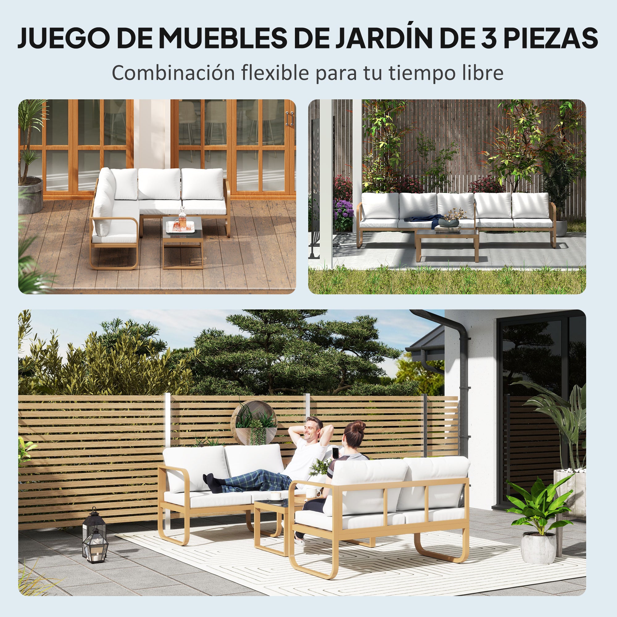 Outsunny Conjunto de Jardín Exterior de 3 Piezas Muebles Jardín Exterior con Sofá de 3 Plazas con Asiento Ajustable Sofá de 2 Plazas y Mesa de Centro de Vidrio con Cojines Crema