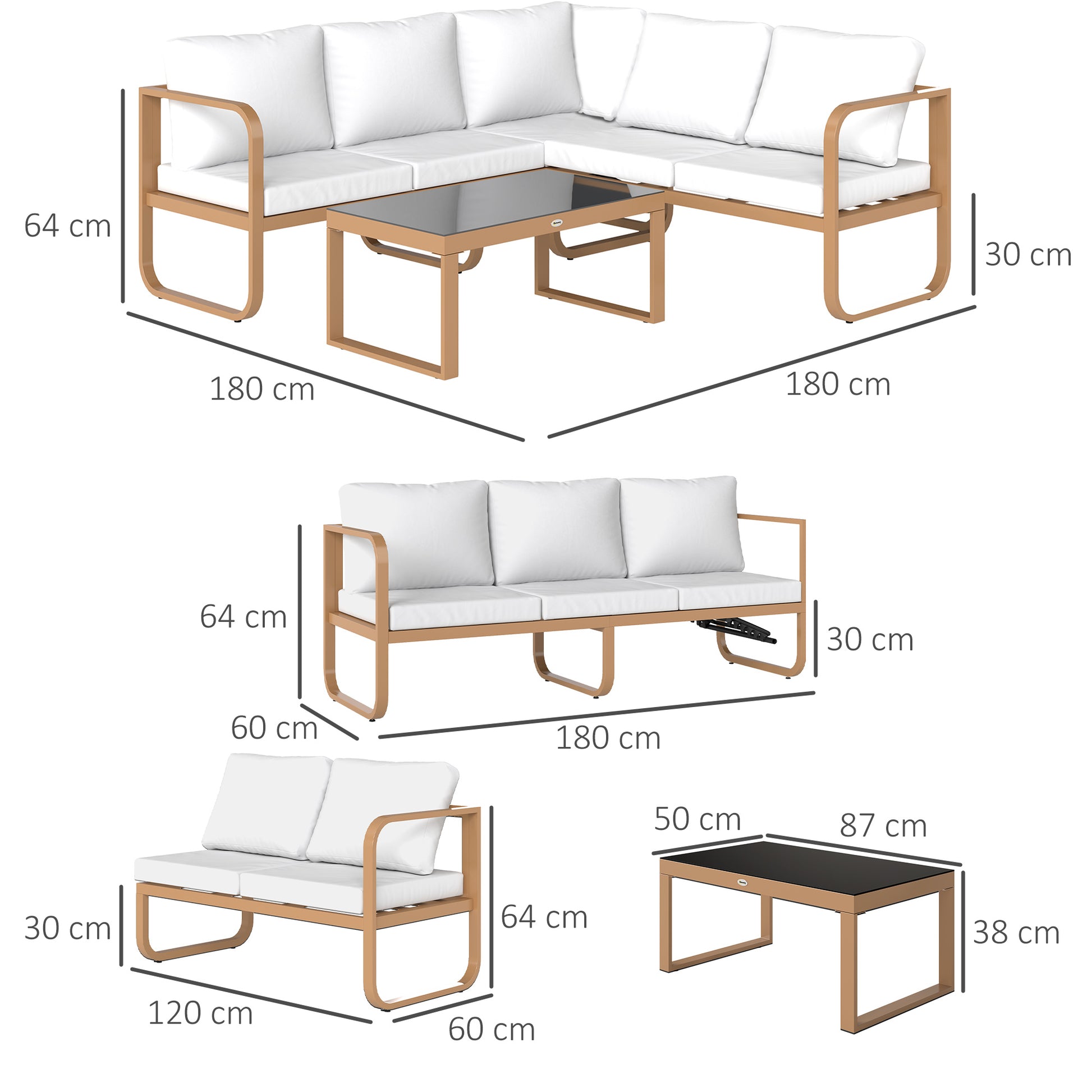 Outsunny Conjunto de Jardín Exterior de 3 Piezas Muebles Jardín Exterior con Sofá de 3 Plazas con Asiento Ajustable Sofá de 2 Plazas y Mesa de Centro de Vidrio con Cojines Crema