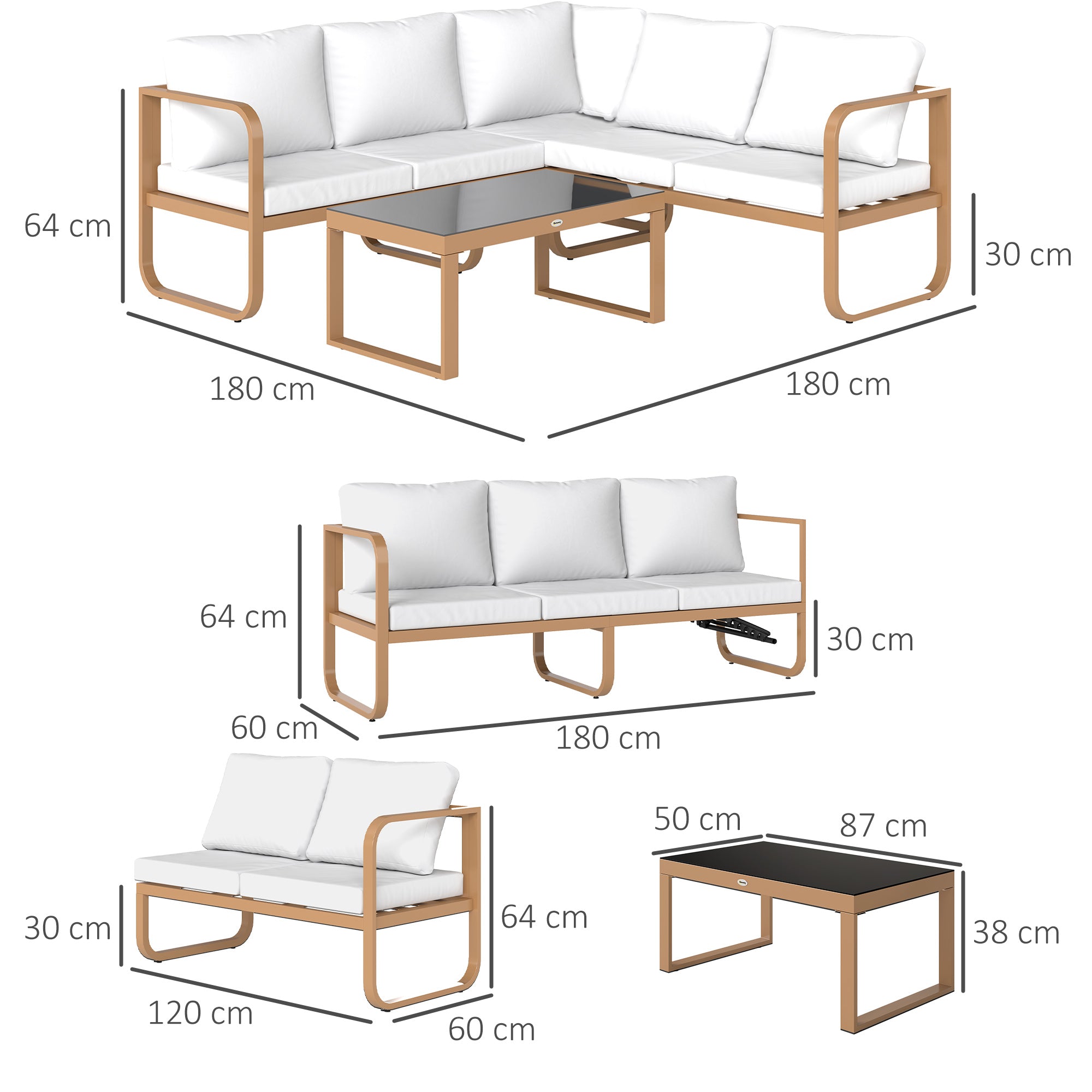 Outsunny Conjunto de Jardín Exterior de 3 Piezas Muebles Jardín Exterior con Sofá de 3 Plazas con Asiento Ajustable Sofá de 2 Plazas y Mesa de Centro de Vidrio con Cojines Crema