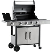 Outsunny Barbacoa de Gas con Ruedas Parrilla con 4+1 Quemadores 3 KW y Mesa Lateral Armario de Almacenaje Acero Inoxidable BBQ 128x50x113 cm Negro Plateado