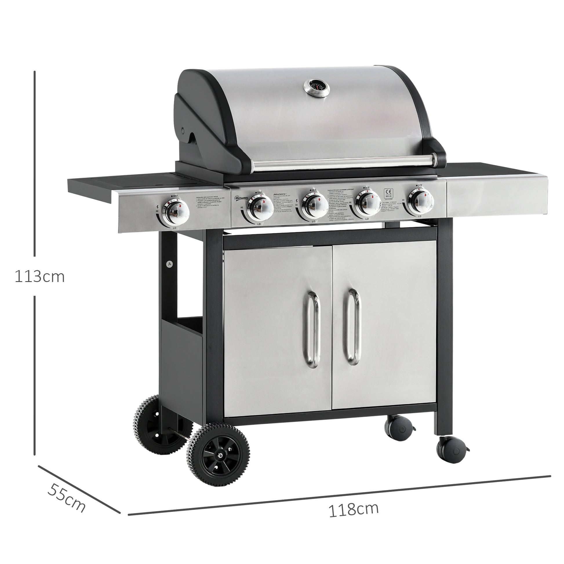 Outsunny Barbacoa de Gas con Ruedas Parrilla con 4+1 Quemadores 3 KW y Mesa Lateral Armario de Almacenaje Acero Inoxidable BBQ 128x50x113 cm Negro Plateado