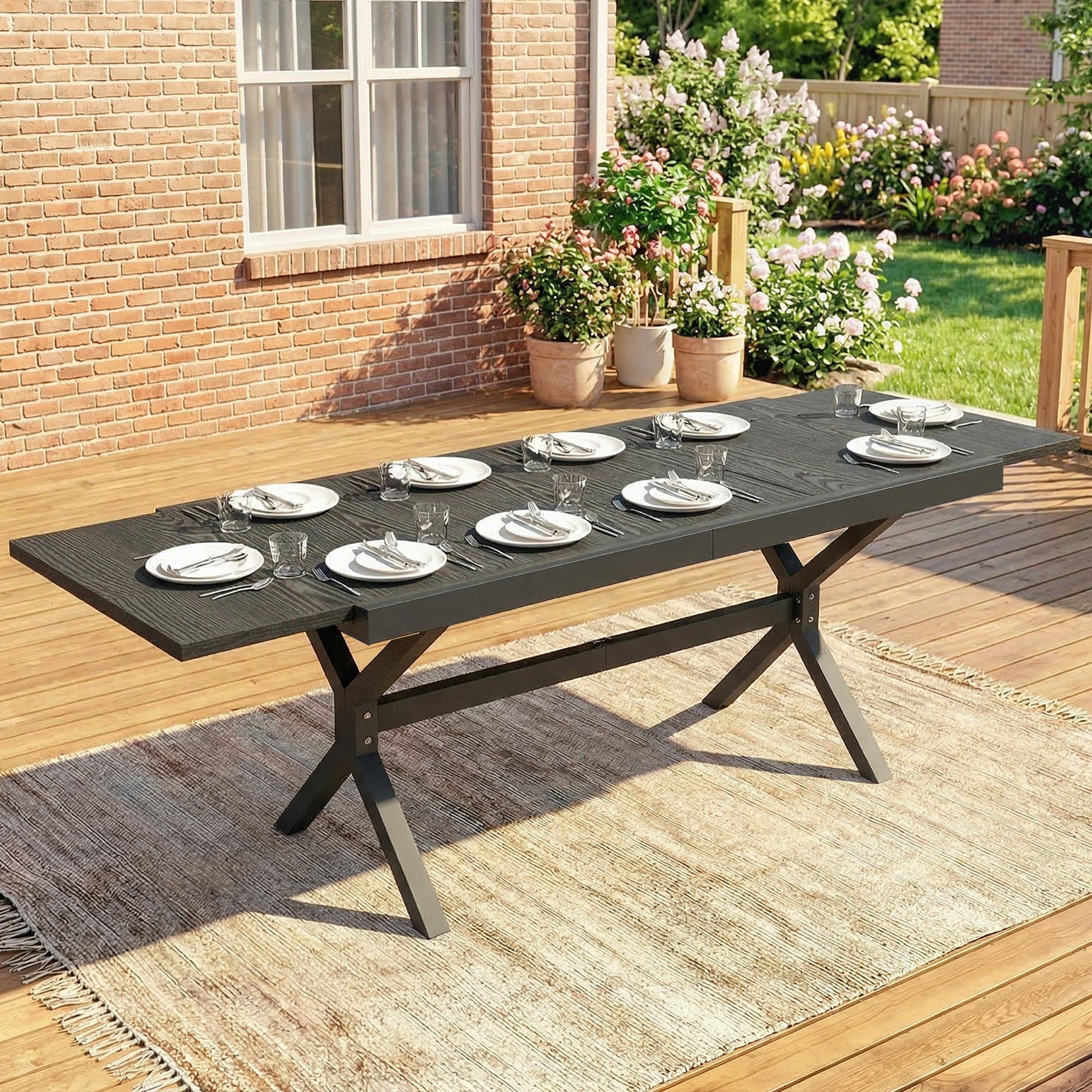 Outsunny Mesa de Jardín Extensible con Superficie de Aluminio, 154/214x85 cm, Mesa de Comedor Exterior Extensible Rectangular con Imitación Madera para 8-10 Personas, para Patio, Terraza, Gris Oscuro