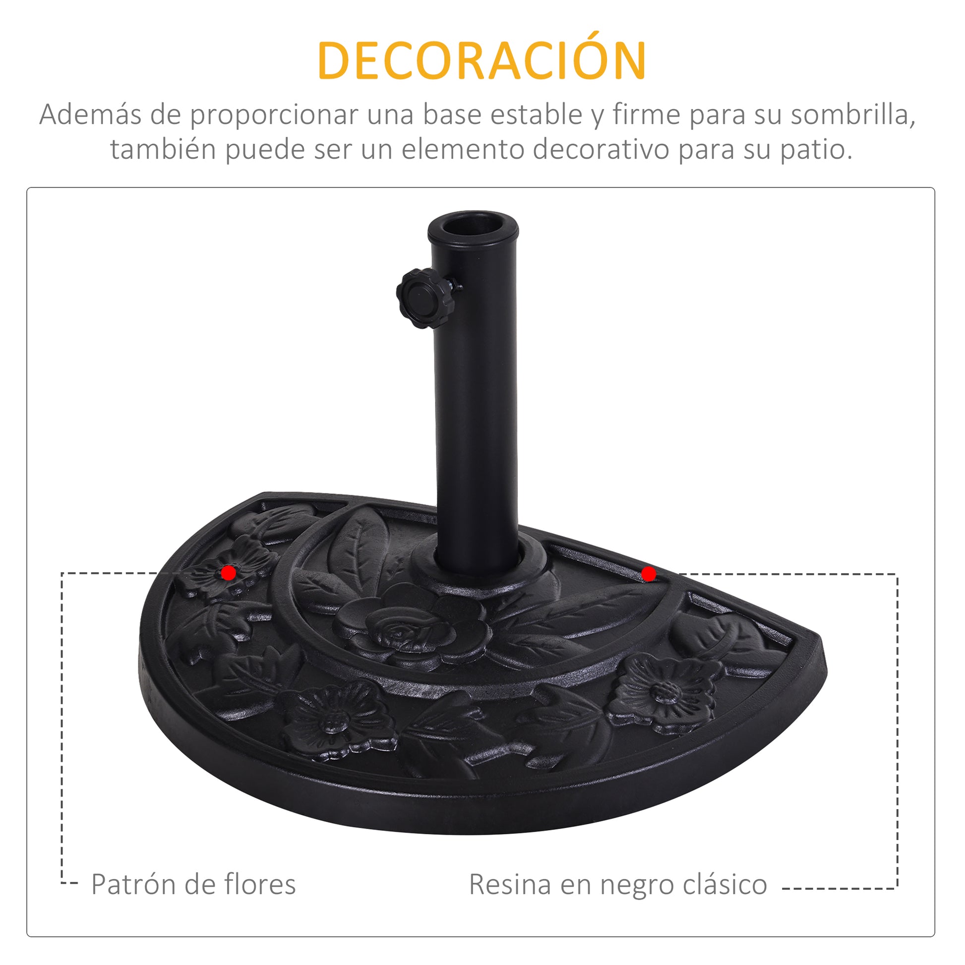 Outsunny Base de Sombrilla Semicírculo Peso 9 kg Soporte para Parasol de Resina para Poste de Paraguas de Ø3,8 cm y Ø4,8 cm para Terraza Patio Jardín Playa 50x31x32 cm Negro