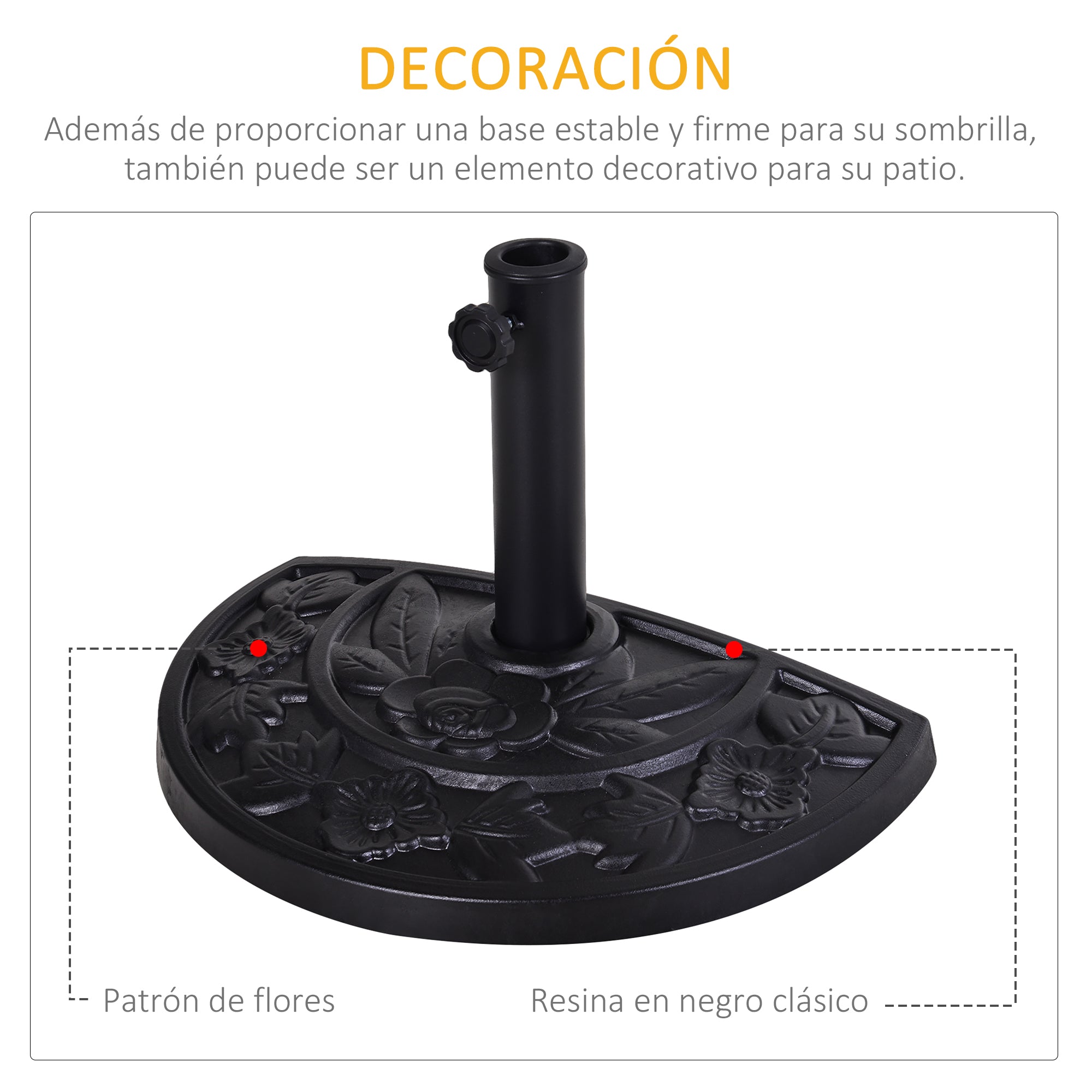 Outsunny Base de Sombrilla Semicírculo Peso 9 kg Soporte para Parasol de Resina para Poste de Paraguas de Ø3,8 cm y Ø4,8 cm para Terraza Patio Jardín Playa 50x31x32 cm Negro