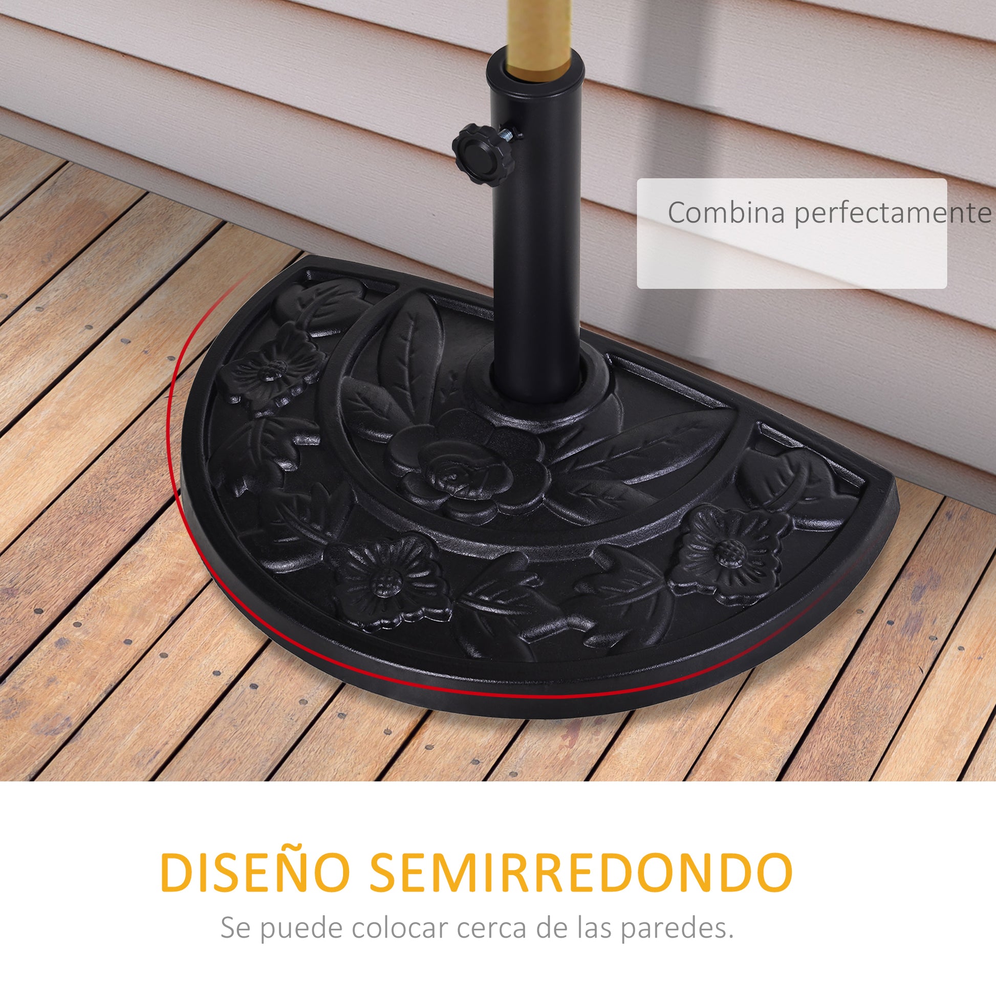 Outsunny Base de Sombrilla Semicírculo Peso 9 kg Soporte para Parasol de Resina para Poste de Paraguas de Ø3,8 cm y Ø4,8 cm para Terraza Patio Jardín Playa 50x31x32 cm Negro