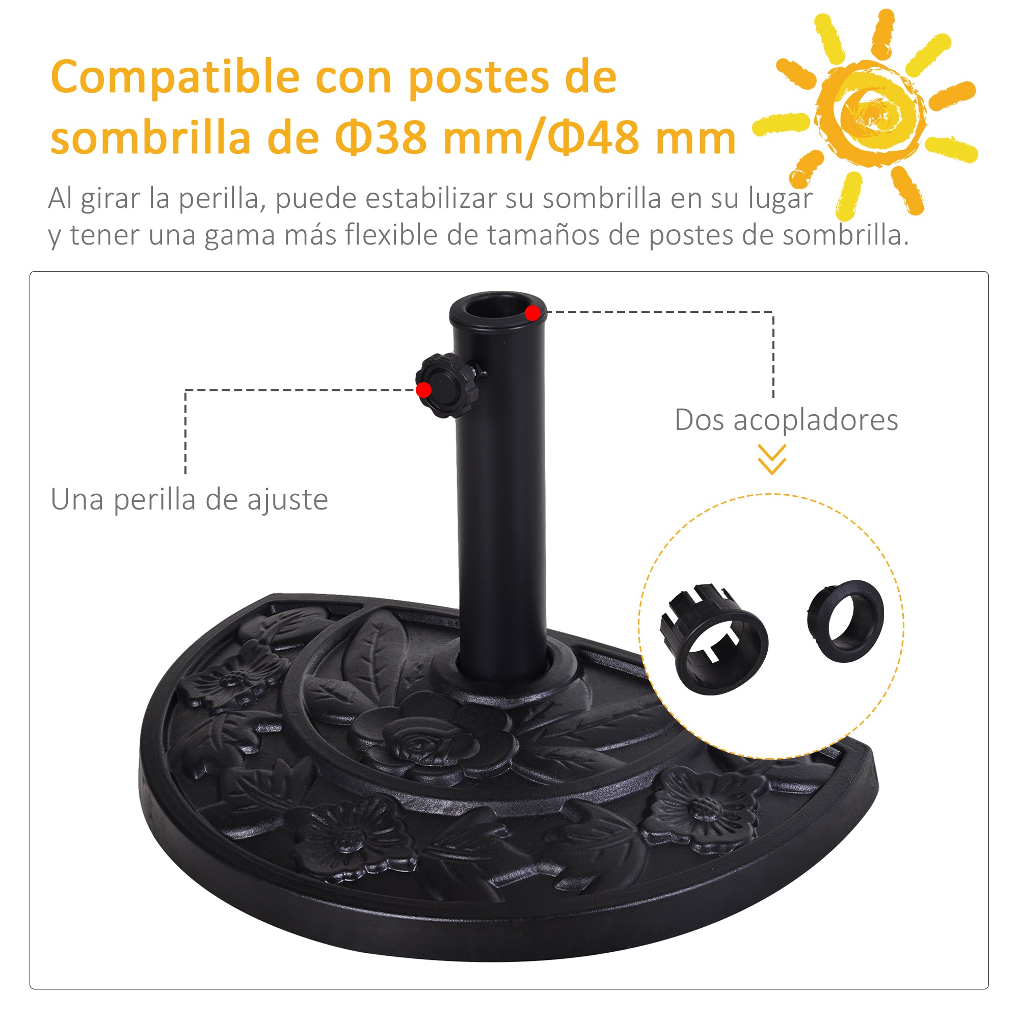 Outsunny Base de Sombrilla Semicírculo Peso 9 kg Soporte para Parasol de Resina para Poste de Paraguas de Ø3,8 cm y Ø4,8 cm para Terraza Patio Jardín Playa 50x31x32 cm Negro