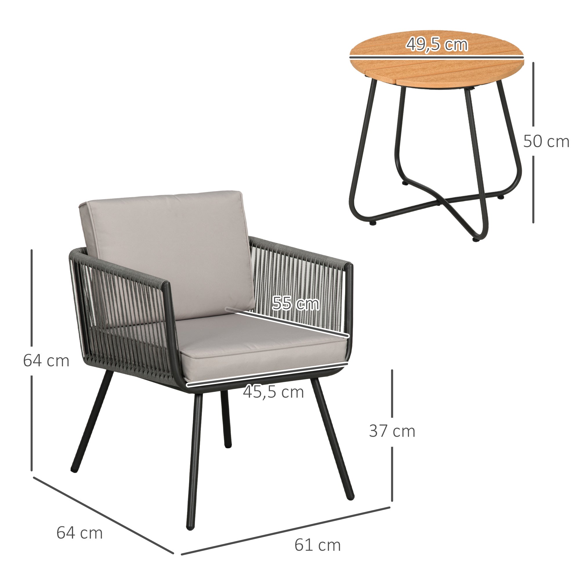 Outsunny Conjunto de Muebles de Jardín de Ratán Sintético 3 Piezas Conjunto de Mesa y 2 Sillas de Ratán con Cojines Acolchados Extraíbles para Balcón Terraza Patio Gris