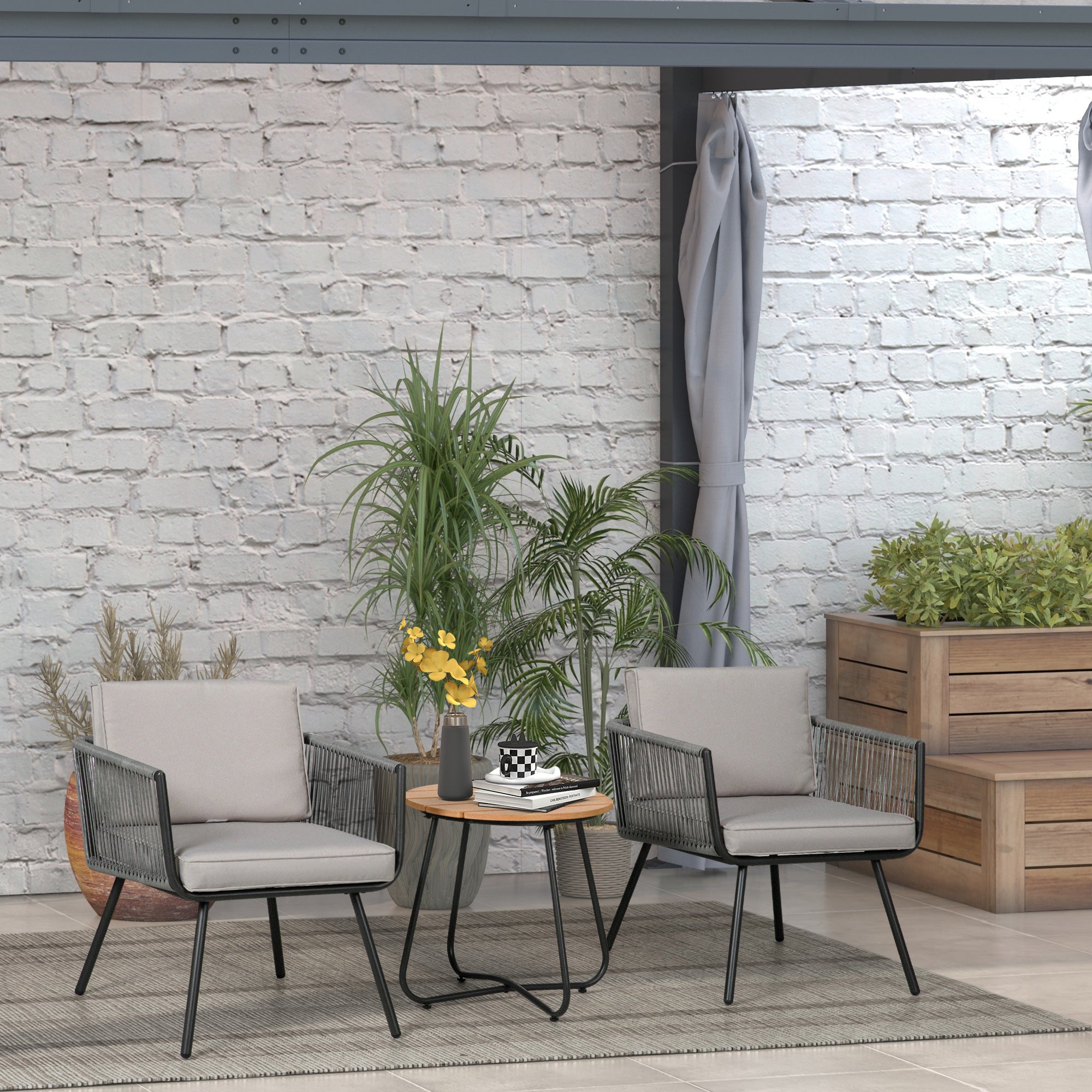 Outsunny Conjunto de Muebles de Jardín de Ratán Sintético 3 Piezas Conjunto de Mesa y 2 Sillas de Ratán con Cojines Acolchados Extraíbles para Balcón Terraza Patio Gris
