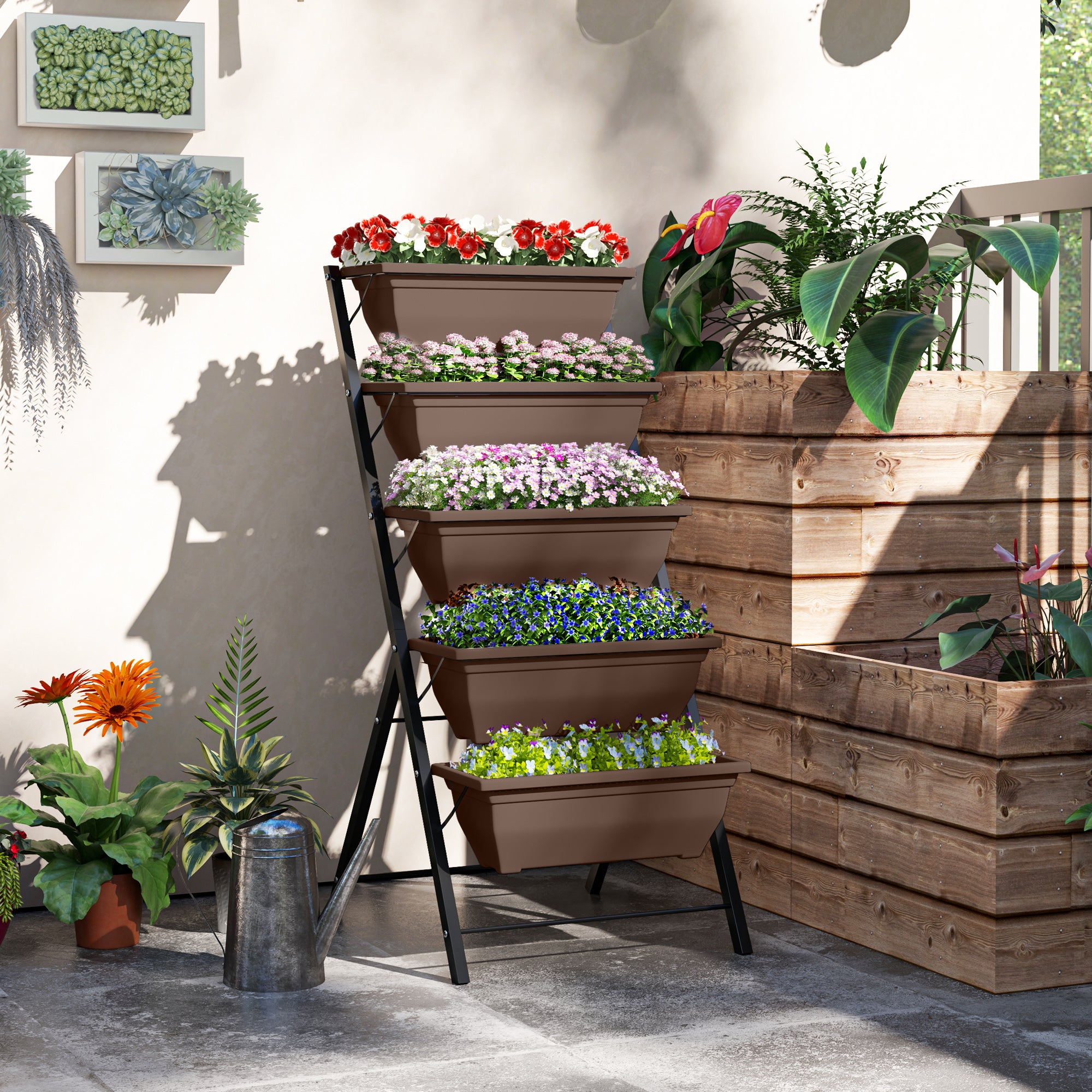 Outsunny Soporte para Plantas de 5 Niveles con 5 Macetas, Estantería para Plantas para Esquina, Orificios de Drenaje, Diseño en Escalera, Soporte para Macetas, Interior y Exterior, 55x63x120 cm, Negro