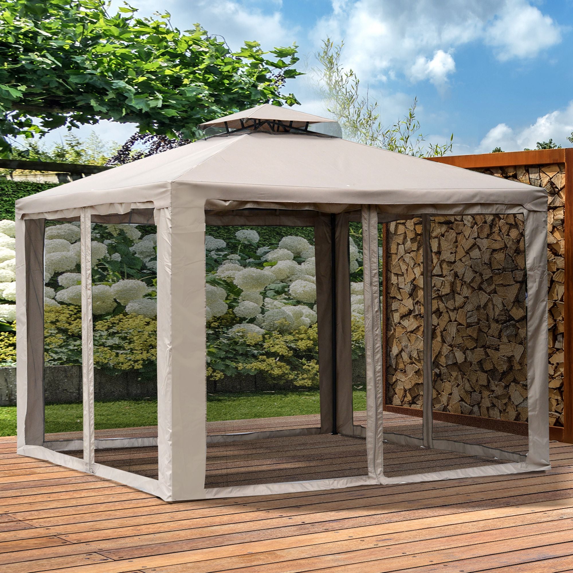 Outsunny Cenador de Jardín 3x3 m Pabellón de Exterior con Doble Techo de Ventilación 4 Cortinas Mosquiteras Laterales con Cremallera 8 Orificios de Drenaje Gazebo para Fiestas Patio Marrón Pardo