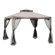 Outsunny Cenador de Jardín 3x3 m Pabellón de Exterior con Doble Techo de Ventilación 4 Cortinas Mosquiteras Laterales con Cremallera 8 Orificios de Drenaje Gazebo para Fiestas Patio Marrón Pardo
