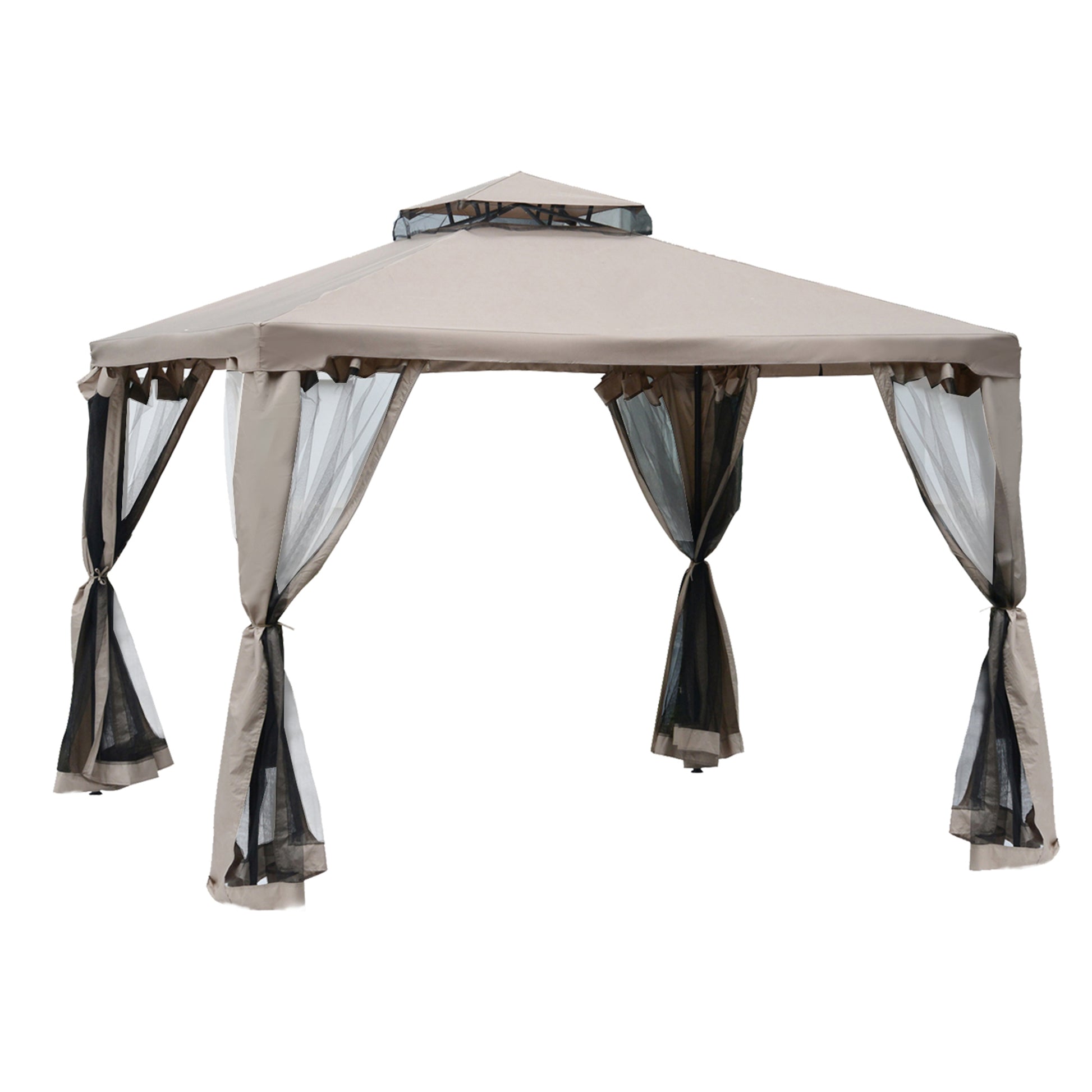Outsunny Cenador de Jardín 3x3 m Pabellón de Exterior con Doble Techo de Ventilación 4 Cortinas Mosquiteras Laterales con Cremallera 8 Orificios de Drenaje Gazebo para Fiestas Patio Marrón Pardo