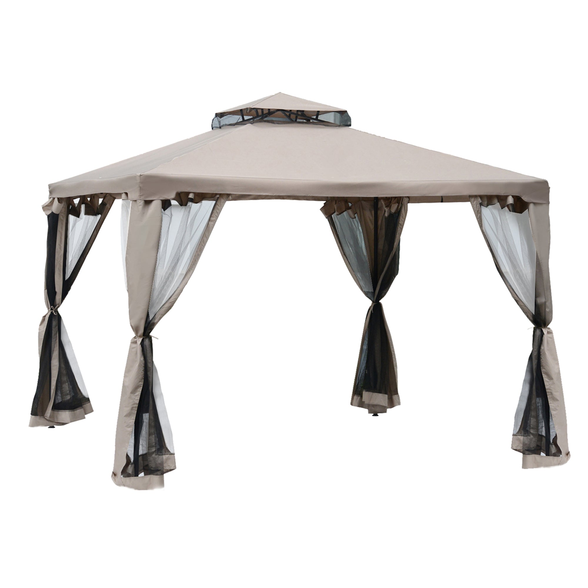Outsunny Cenador de Jardín 3x3 m Pabellón de Exterior con Doble Techo de Ventilación 4 Cortinas Mosquiteras Laterales con Cremallera 8 Orificios de Drenaje Gazebo para Fiestas Patio Marrón Pardo
