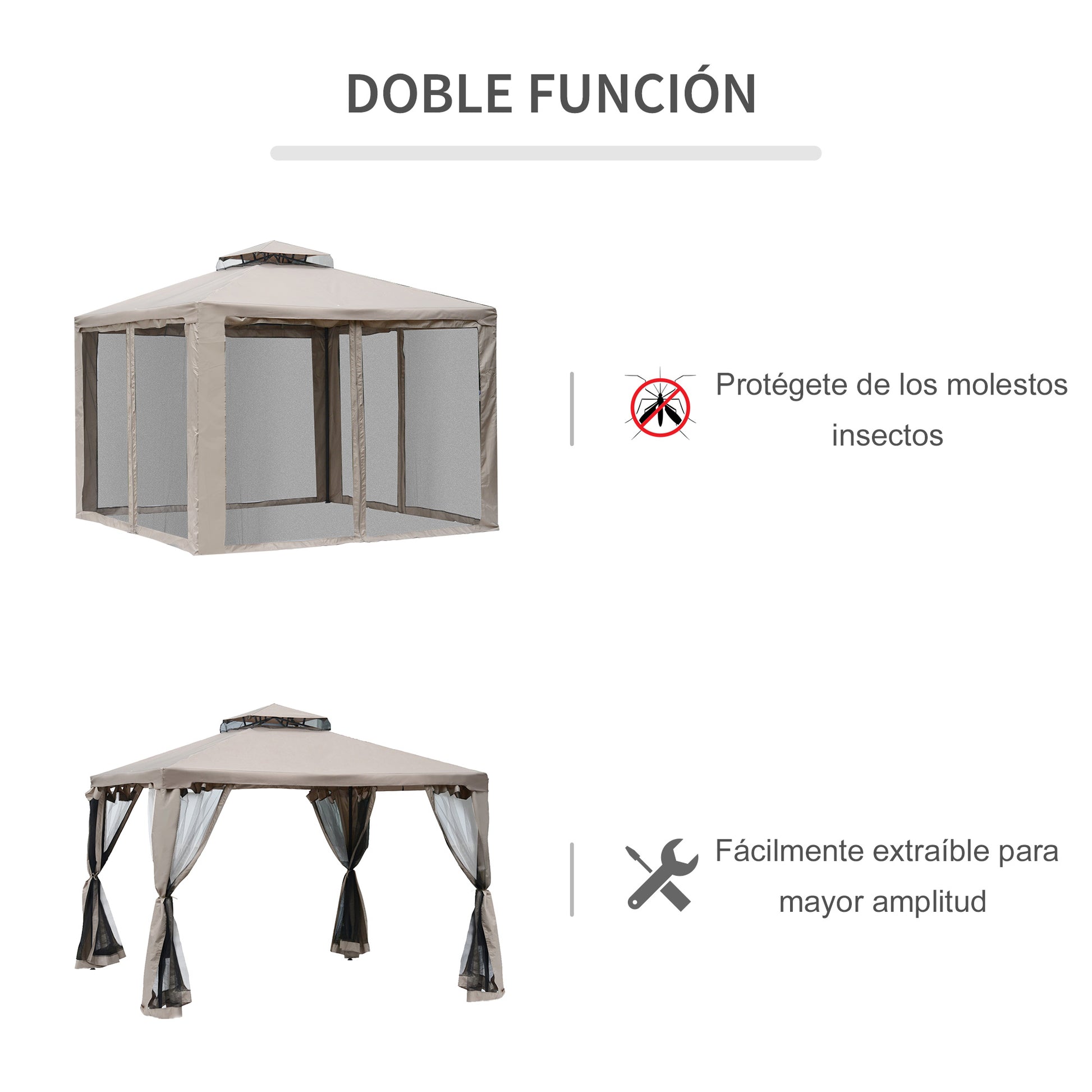 Outsunny Cenador de Jardín 3x3 m Pabellón de Exterior con Doble Techo de Ventilación 4 Cortinas Mosquiteras Laterales con Cremallera 8 Orificios de Drenaje Gazebo para Fiestas Patio Marrón Pardo